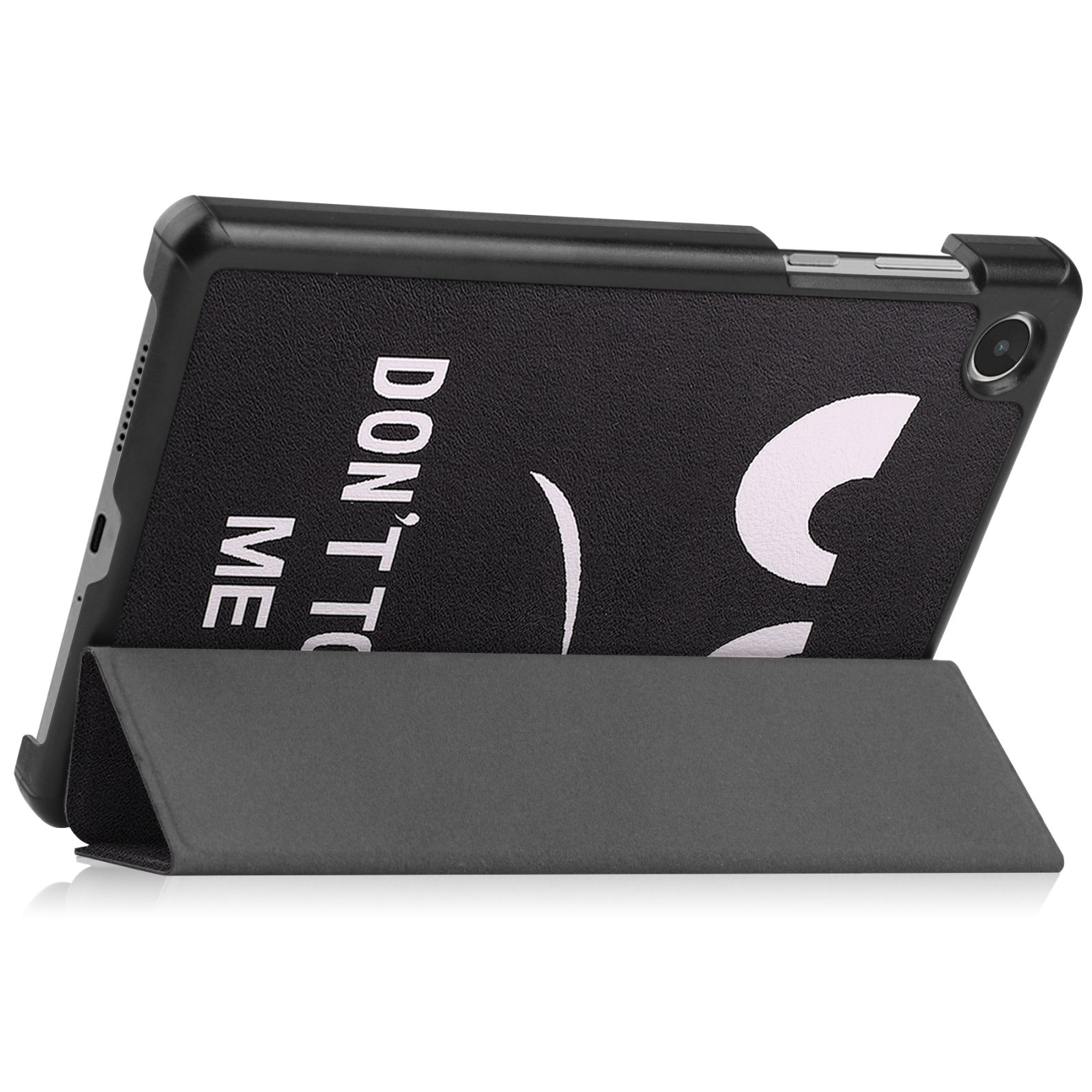Schwarze Tablethülle mit den Worten 'DON'T TOUCH ME' und einem Smiley-Gesicht.