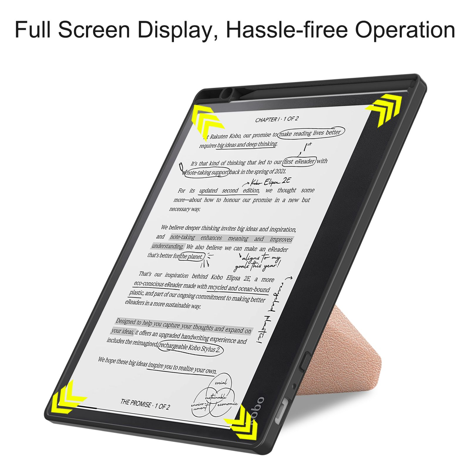 Schwarzer E-Reader auf einem Ständer, der Text auf dem Bildschirm anzeigt. Das Gerät ist abgewinkelt.