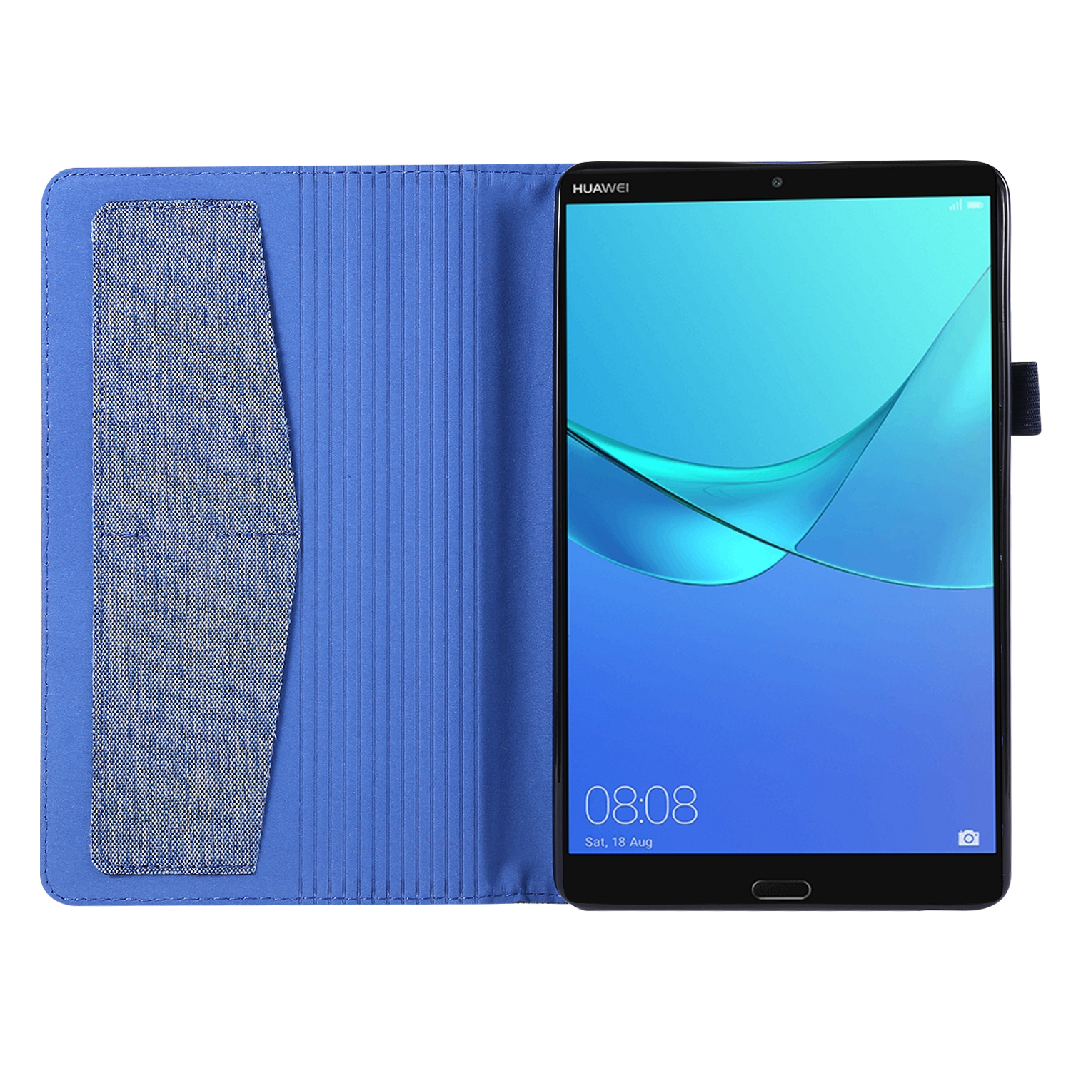 Blaue Tablet-Hülle mit einem Tablet, das einen blau-weißen Bildschirm zeigt.