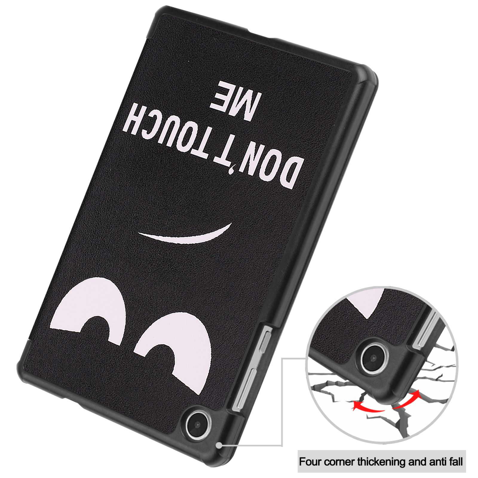 Eine schwarze Tablet-Hülle mit einem Smiley-Gesicht. Auf der Hülle steht auch 'DON'T TOUCH ME'.