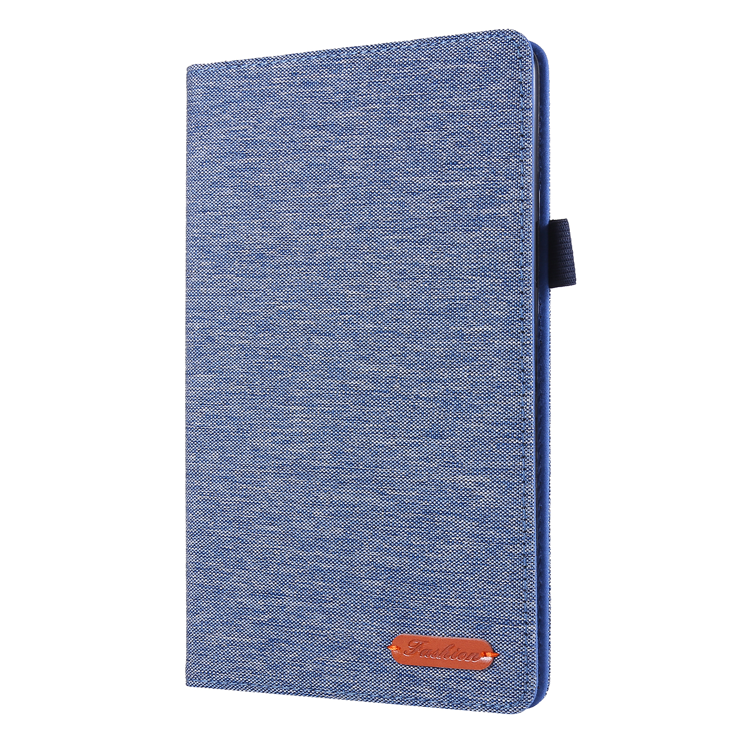 Blaue Stoff-Handyhülle. Ein orangefarbenes Etikett ist sichtbar.