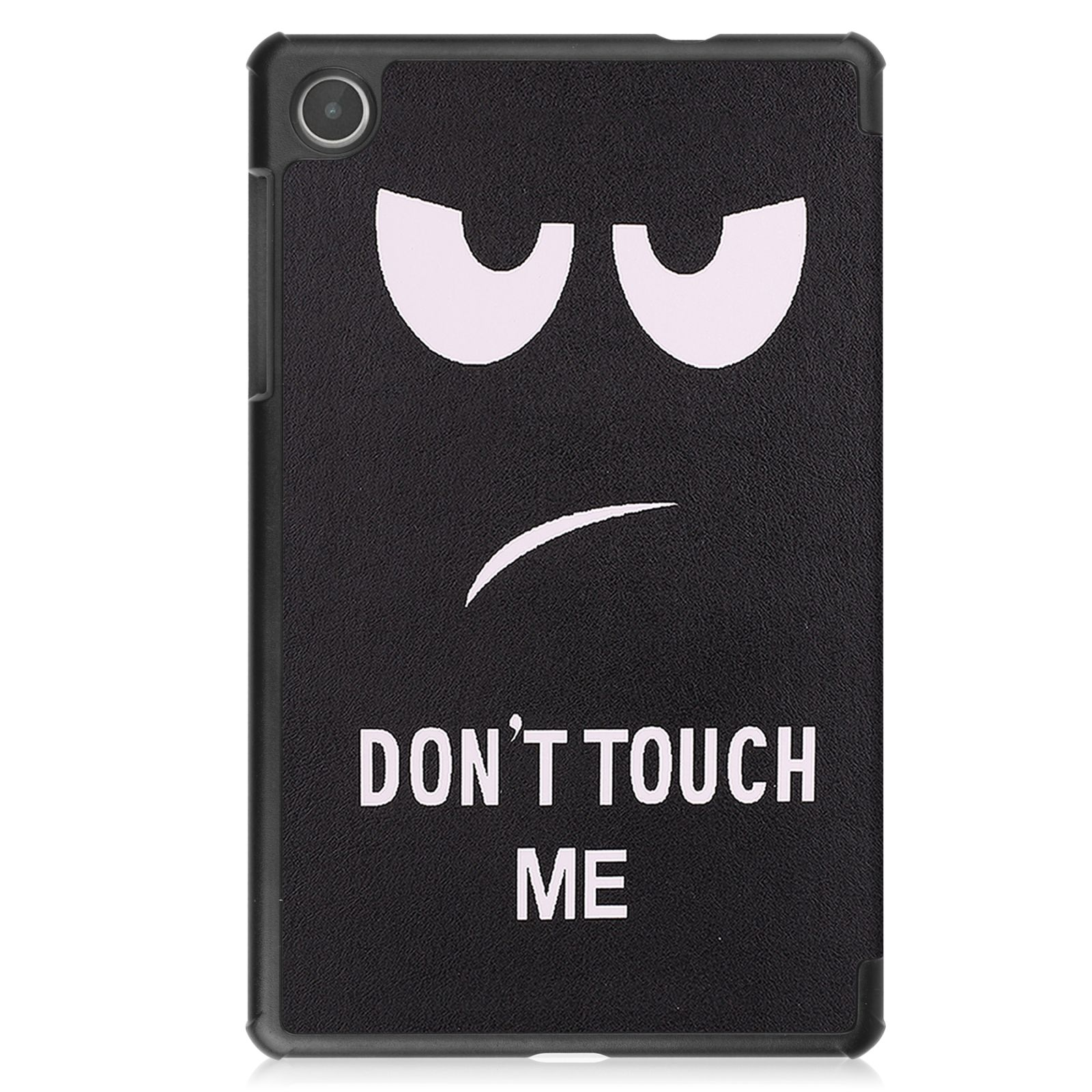 Eine schwarze Tablet-Hülle mit dem Text 'DON'T TOUCH ME'.