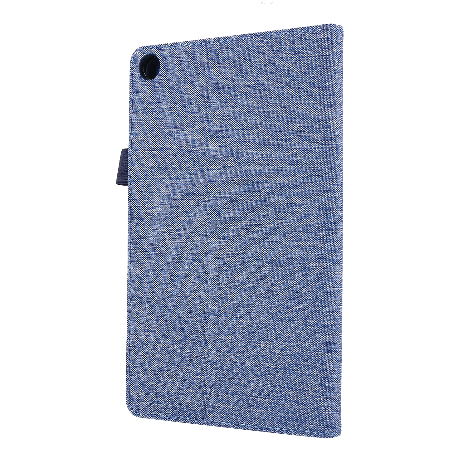 Blaue Tablet-Hülle aus Stoff, schräge Ansicht. Zeigt die Hülle und einen kleinen schwarzen Kamerapunkt an der Seite.