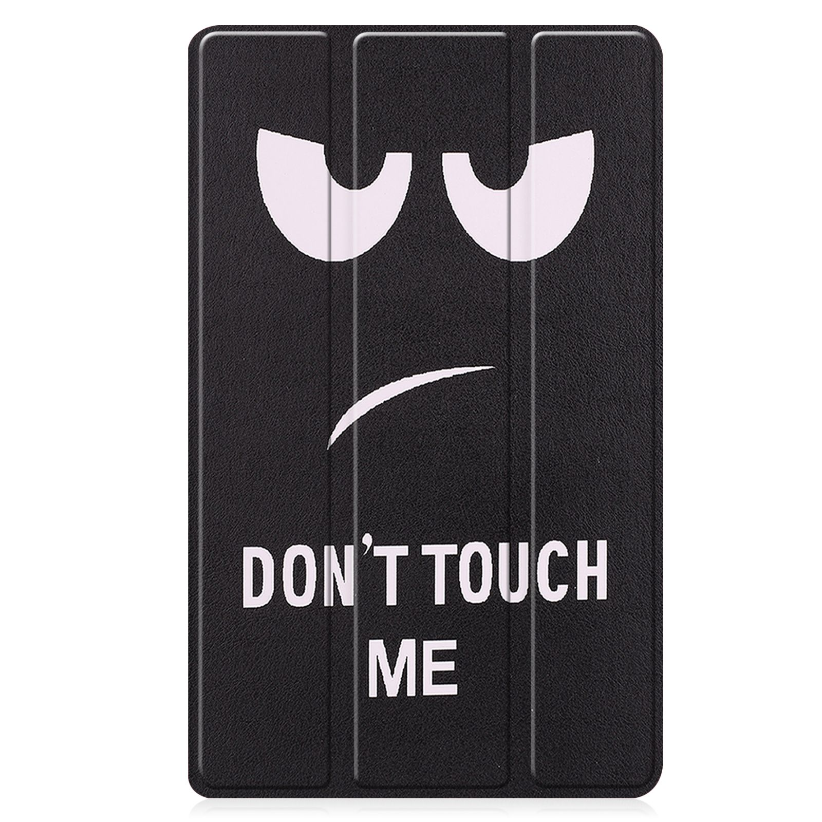 Schwarze Tablethülle mit dem Text 'DON'T TOUCH ME' und einem traurigen Gesicht.