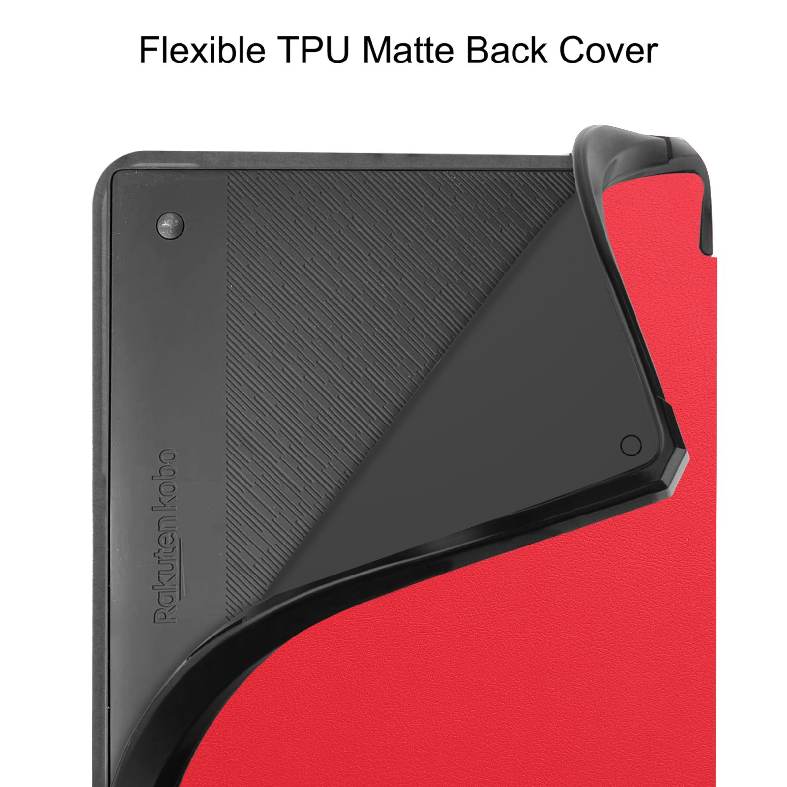 Schwarze Handyhülle, die ein rotes Innere freilegt. Rakuten Kobo Logo sichtbar.