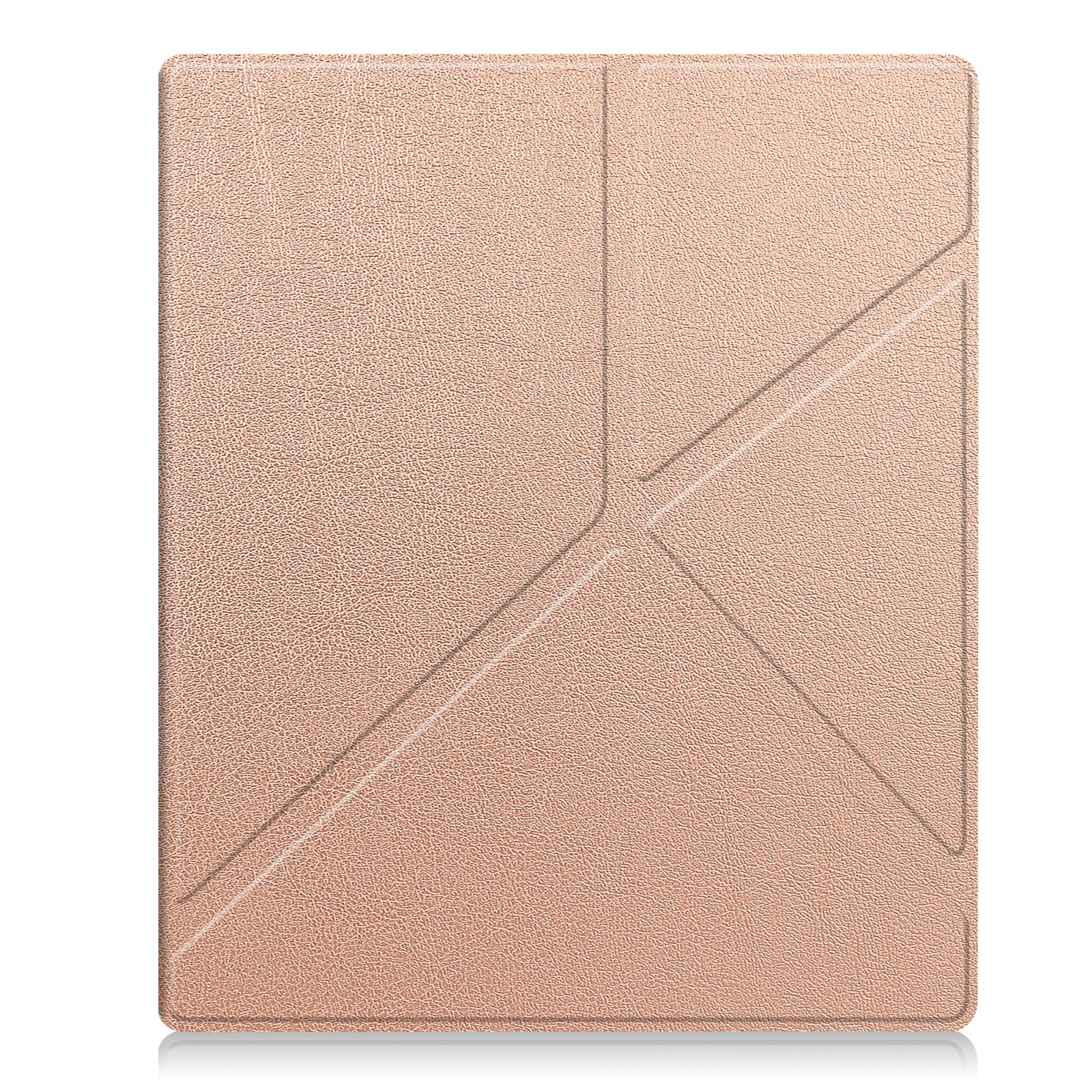 Roségoldfarbene Tablet-Hülle, geschlossen, mit strukturierter Oberfläche und diagonalem Liniendesign.