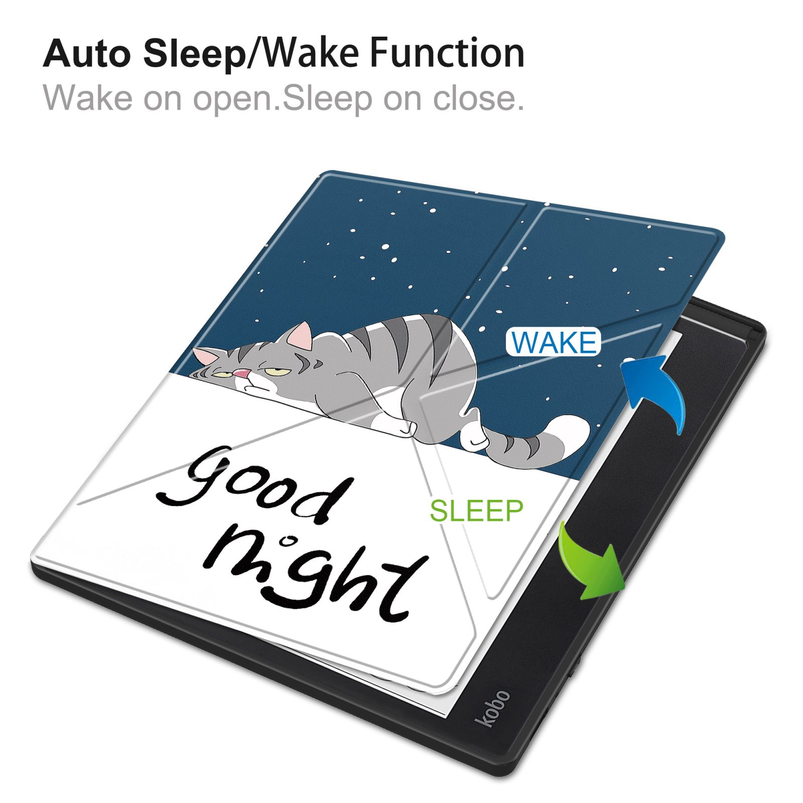 E-Reader mit Katzenbild auf dem Cover. Das Cover ist geöffnet, mit Text: 'gute Nacht'.