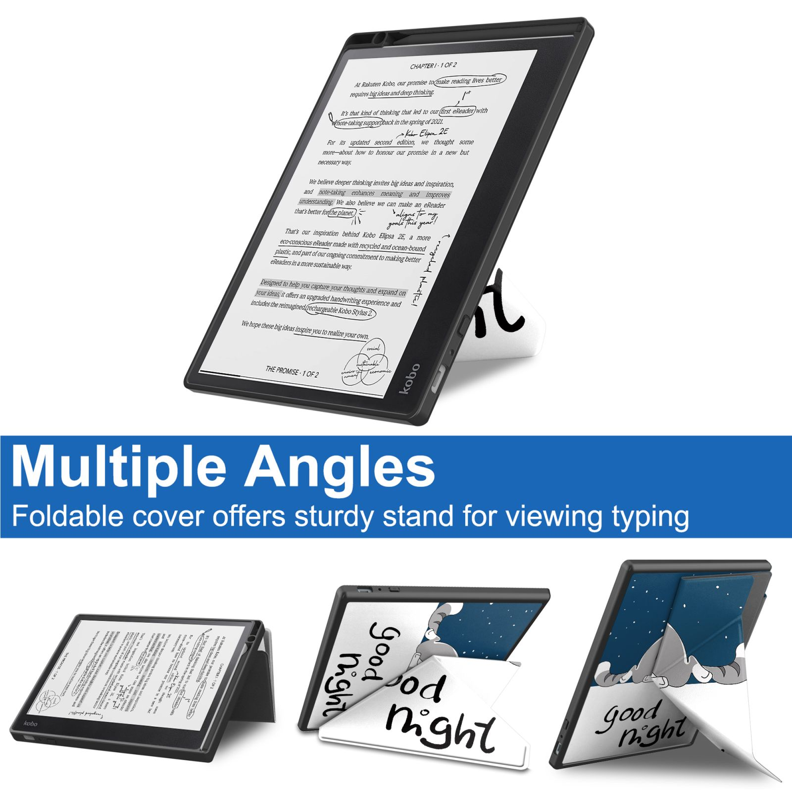 Ein E-Reader mit Text und verschiedenen Standpositionen.