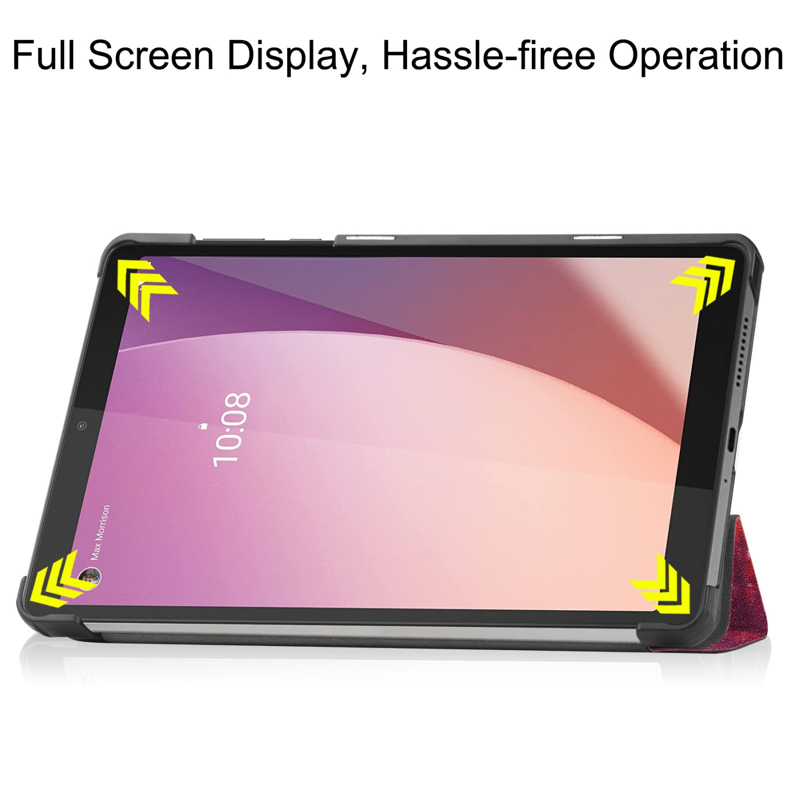 Ein Tablet in einer Hülle. Der Bildschirm zeigt die Uhrzeit an. Pfeile zeigen auf die Ränder.