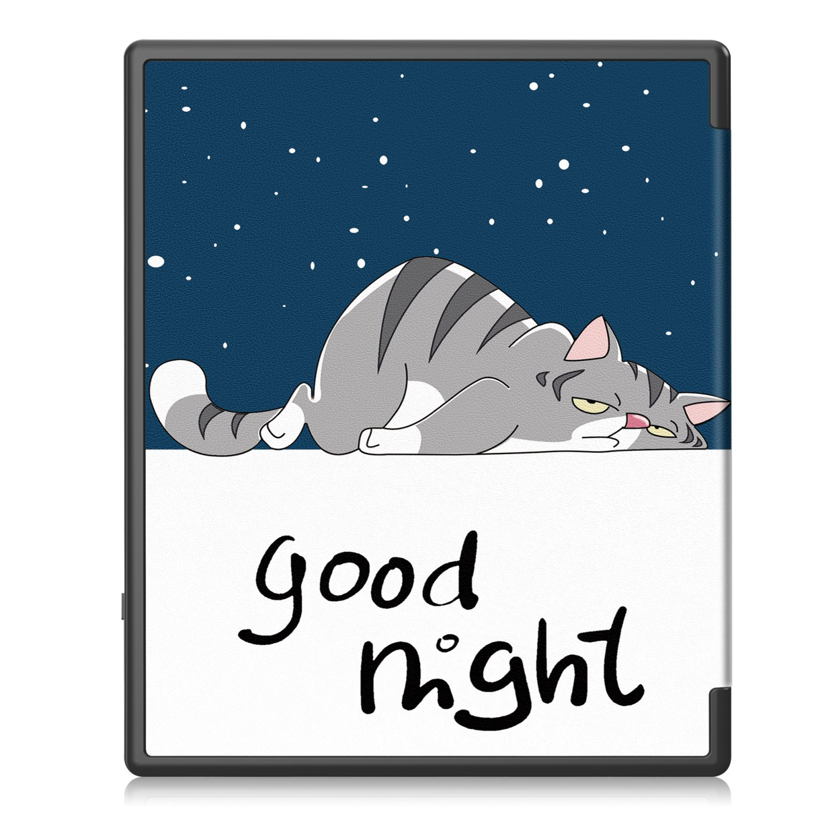 Tablet-Hülle mit Katzen-Illustration, die Gute Nacht mit Sternen zeigt.