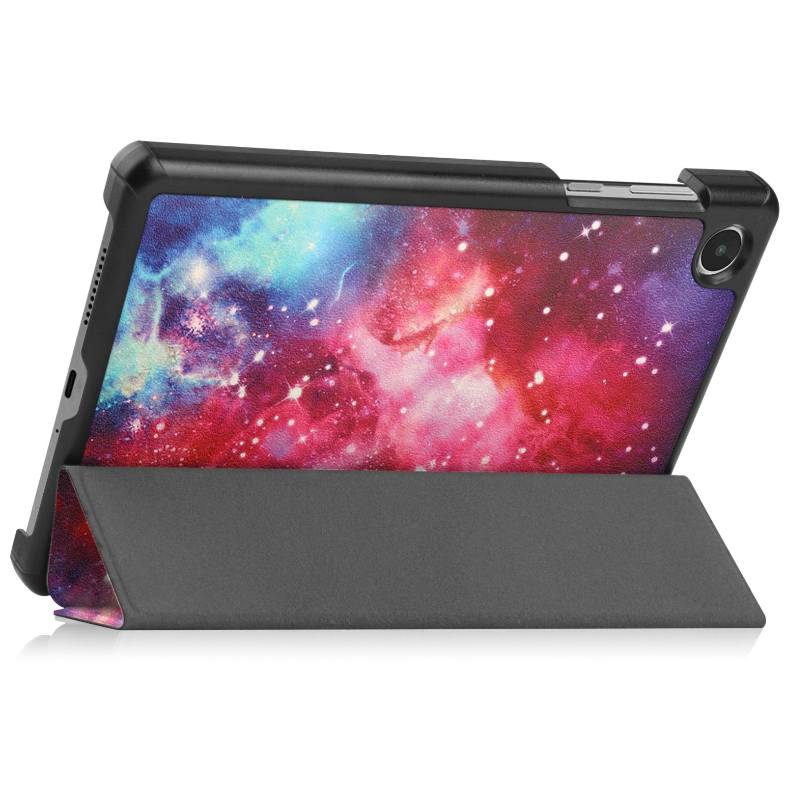 Ein Tablet in einer Hülle mit Galaxie-Design und Ständer.
