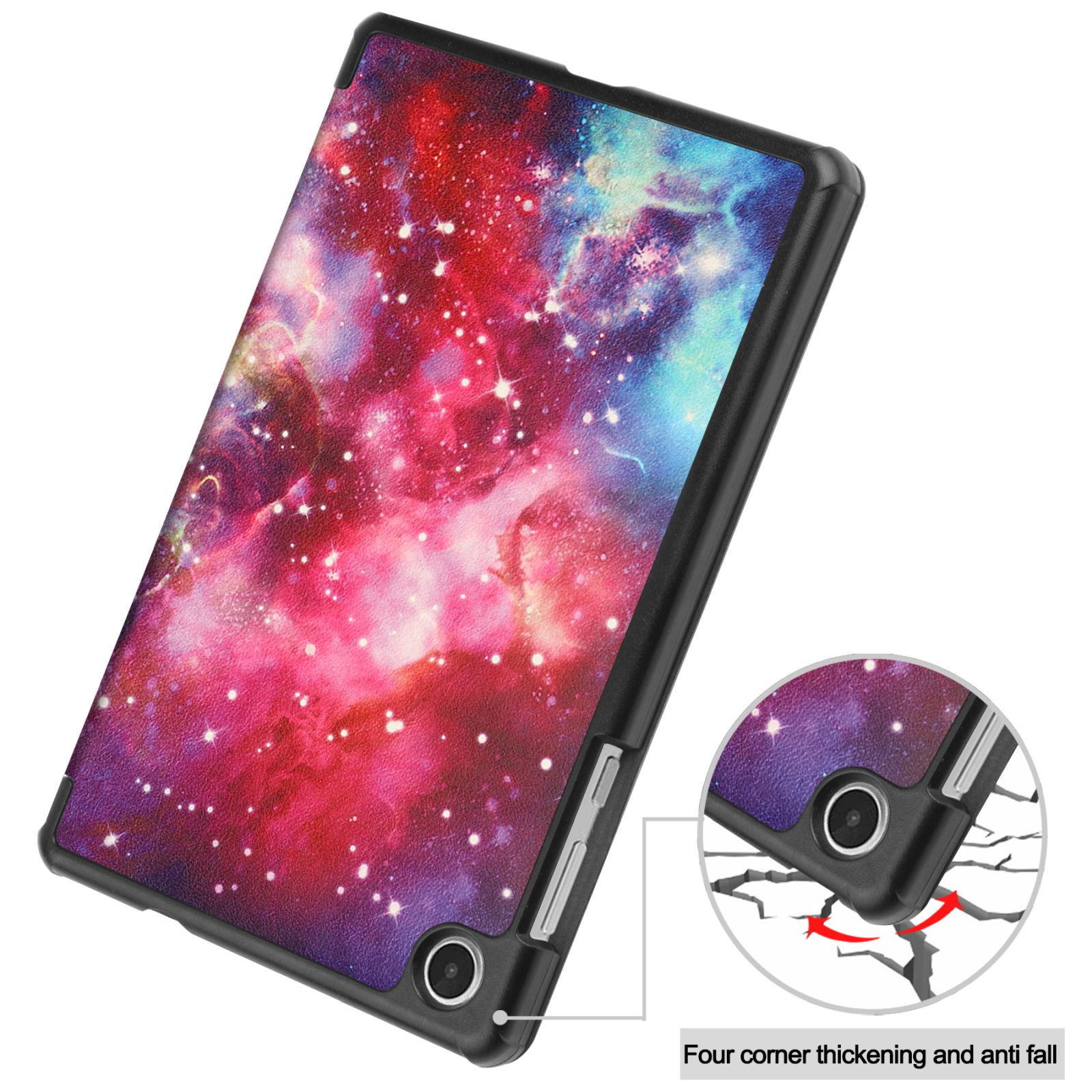 Tablet-Hülle mit Galaxie-Design, geschützten Ecken und Rissen, die die Anti-Fall-Funktion anzeigen.