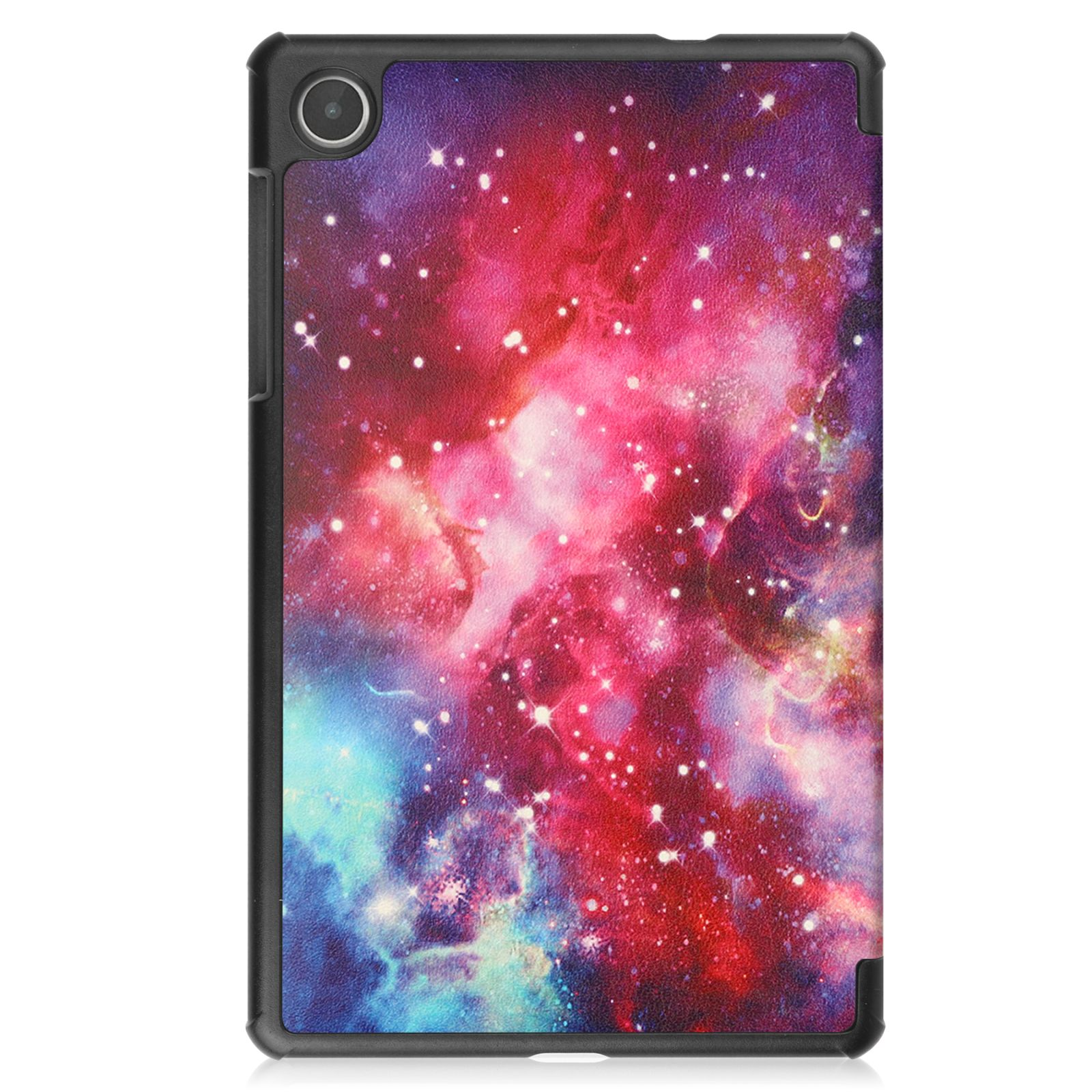 Eine Tablet-Hülle mit kosmischem Muster. Die Hülle ist schwarz, das Muster ist farbenfroh.
