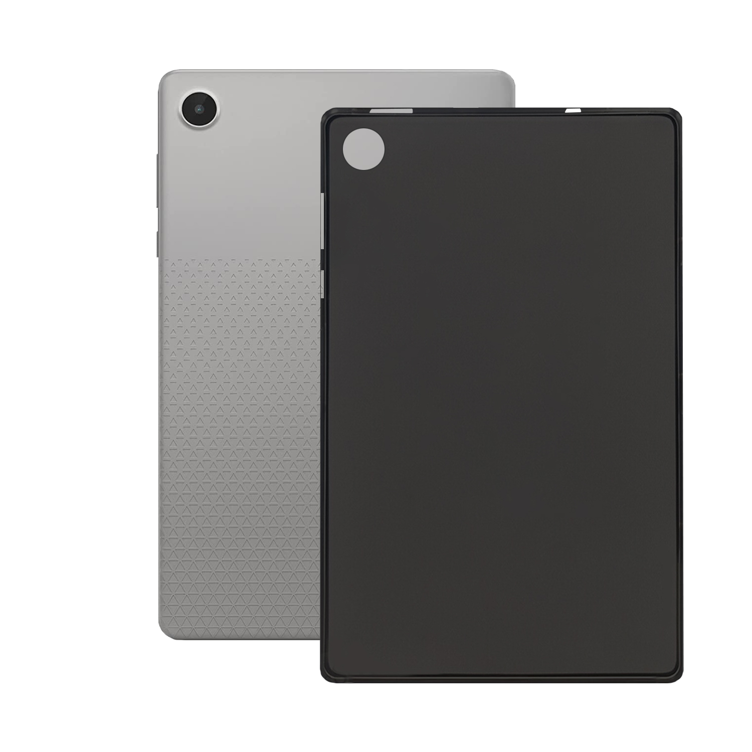 Ein silbernes Tablet mit Kamera und eine schwarze Hülle auf weißem Hintergrund.