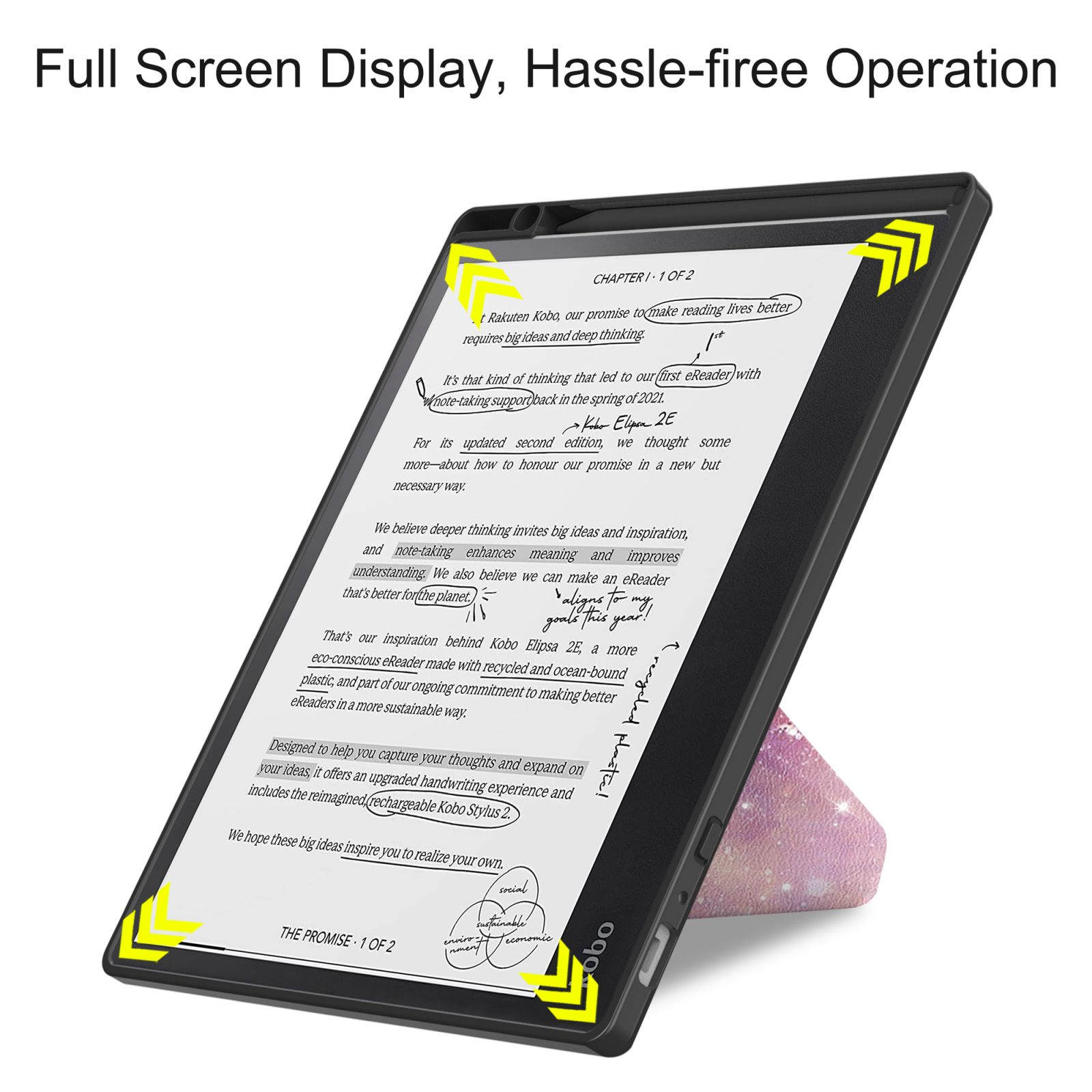 Ein E-Reader mit Text auf dem Bildschirm, unterstützt von einem bunten Ständer.