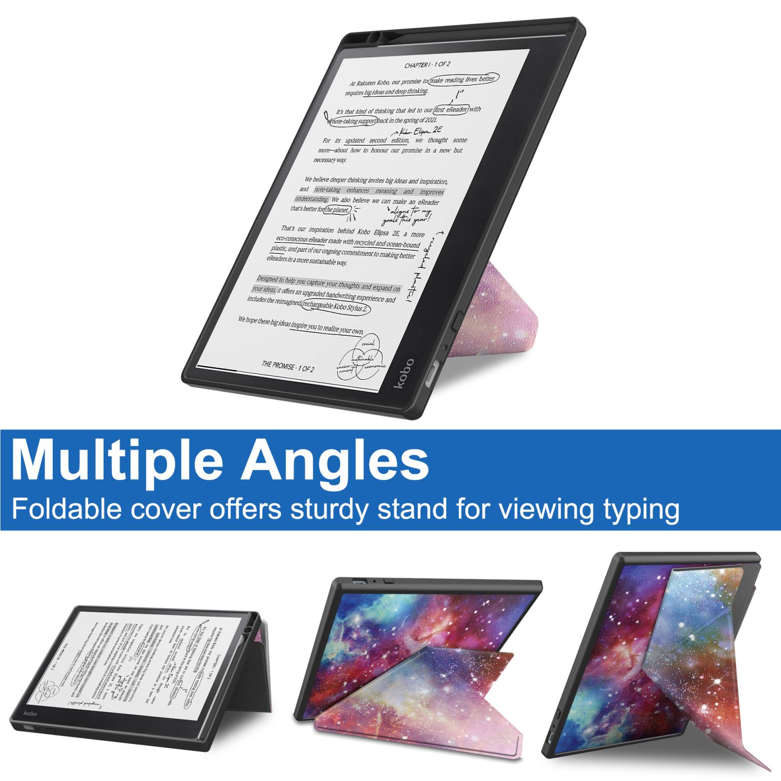 E-Reader mit Text auf dem Bildschirm, in mehreren Winkeln mit faltbarem Cover dargestellt.