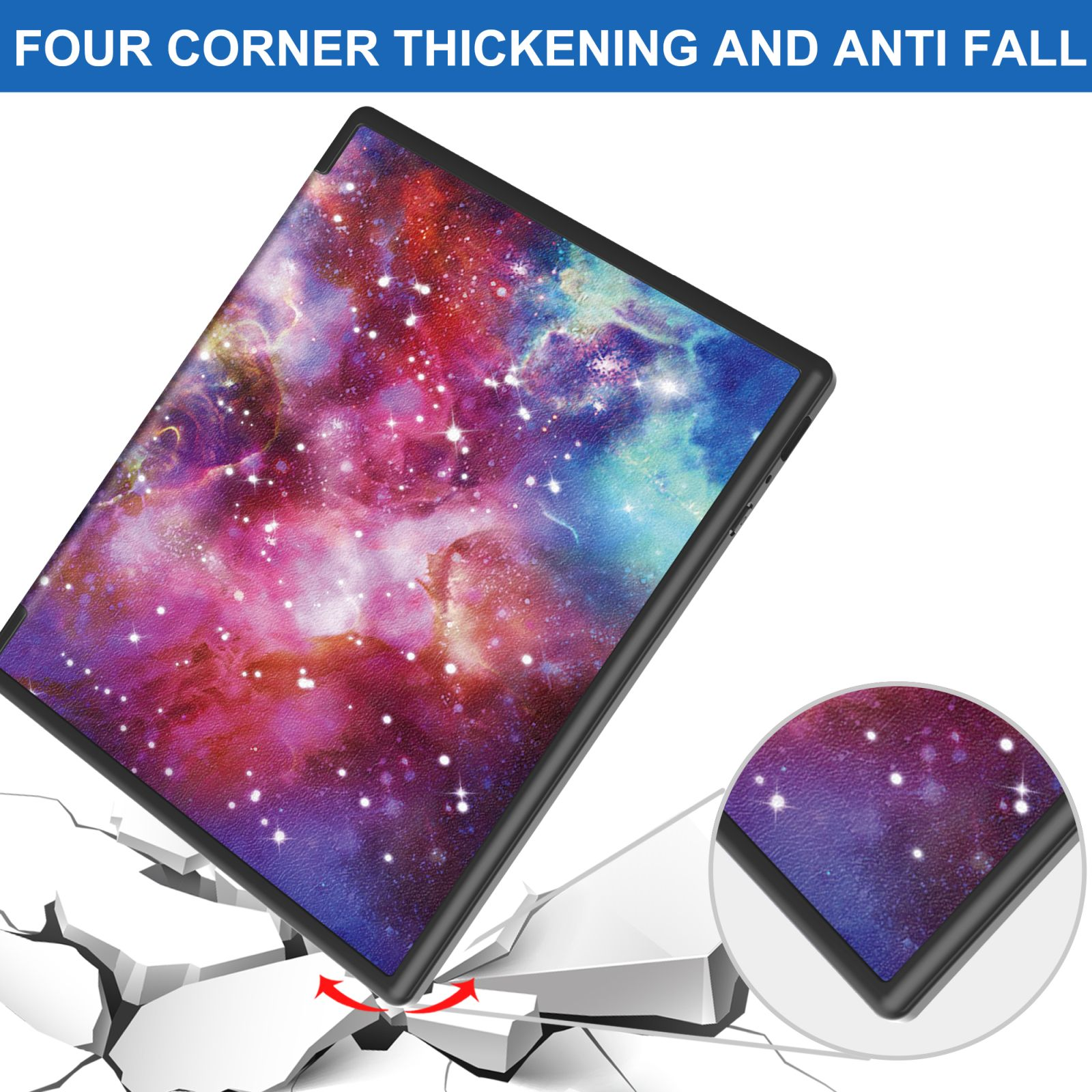 Ein Tablet mit Weltraum-Motiv-Hülle, das fallen gelassen wird.