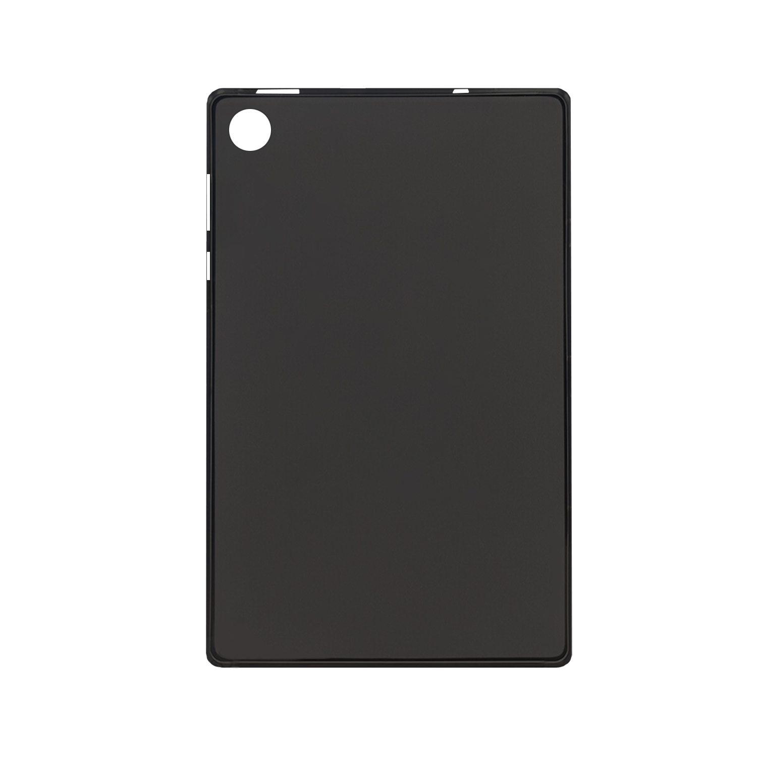 Eine schwarze Tablet-Hülle mit Kameraöffnung und weißem Punkt, auf weißem Hintergrund.