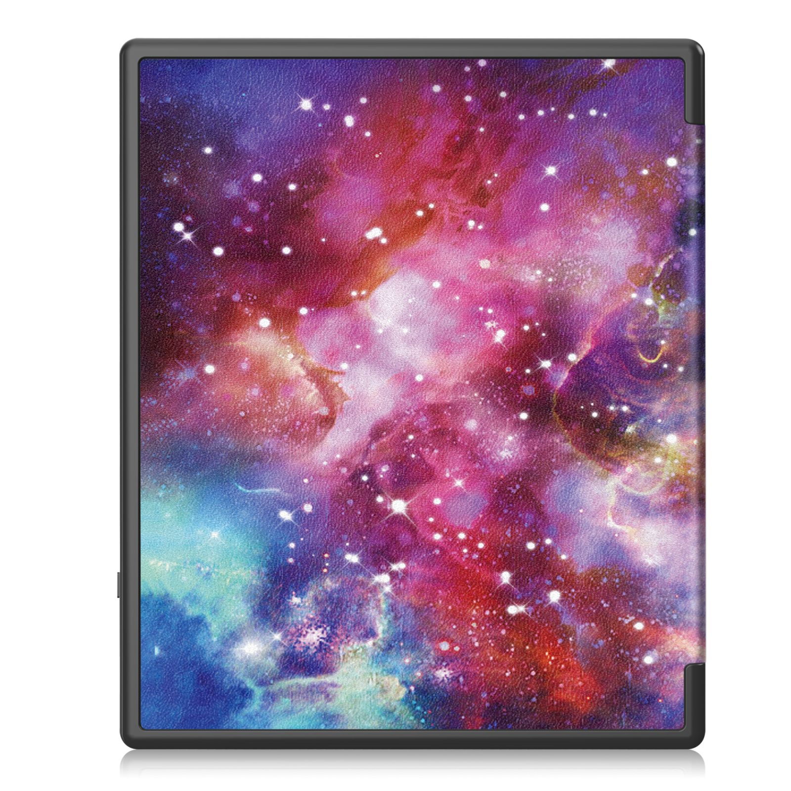 Eine Tablet-Hülle mit einem farbenfrohen Galaxie-Design. Das Design beinhaltet Rosa, Lila und Weiß.