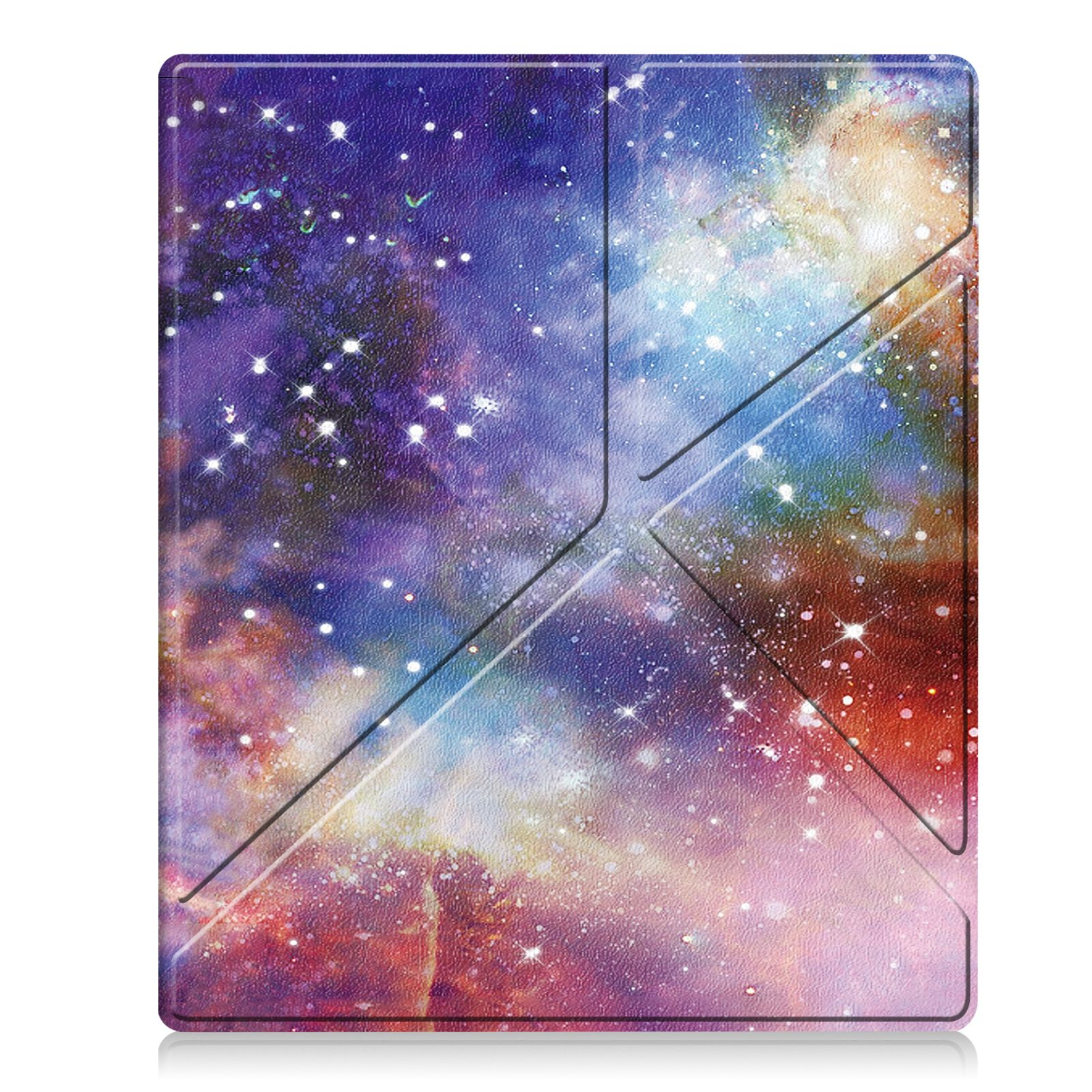 Eine geschlossene Tablet-Hülle mit Galaxiemuster auf der Abdeckung.