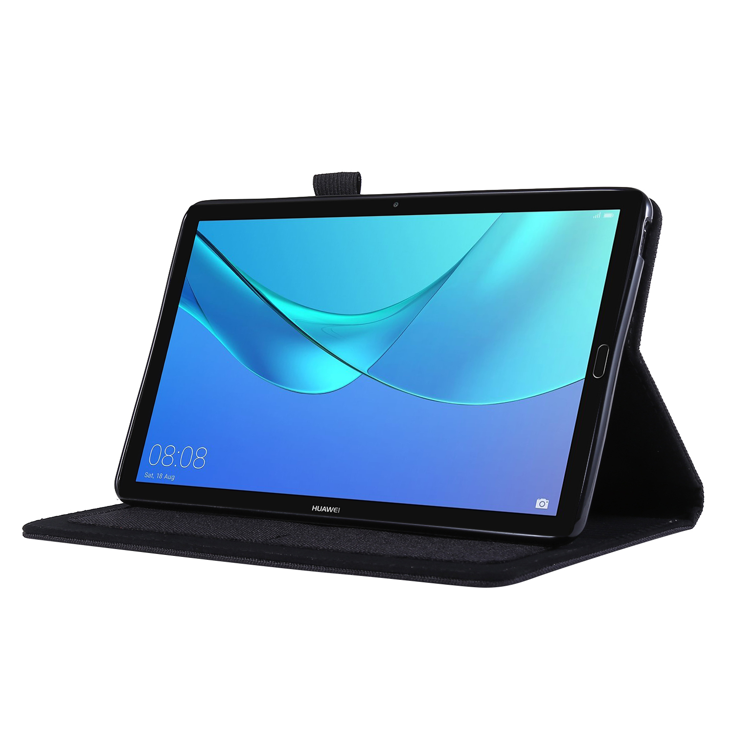 Ein schwarzes Tablet in einer schwarzen Hülle, abgewinkelt. Der Bildschirm zeigt einen blauen Farbverlauf.