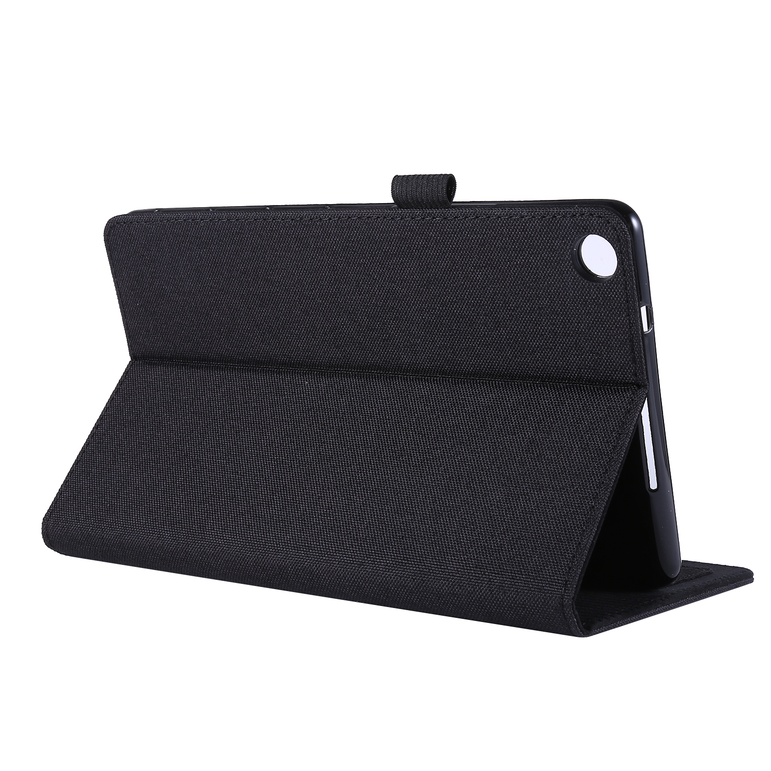 Schwarze Tablet-Hülle offen, stützt ein Tablet.