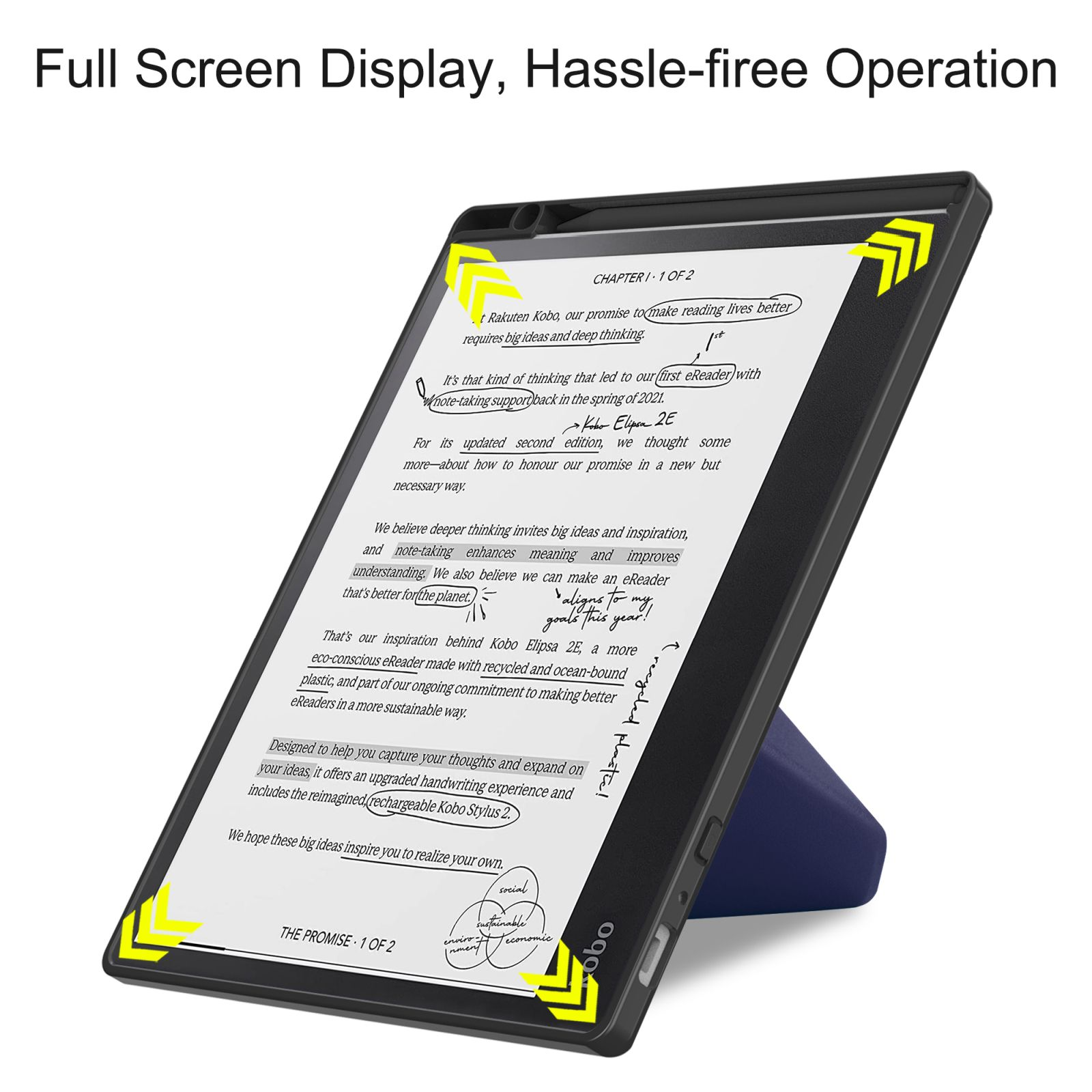 E-Reader auf einem blauen Ständer mit Text und gelb markierten Bereichen. Der Text beschreibt das Produkt.