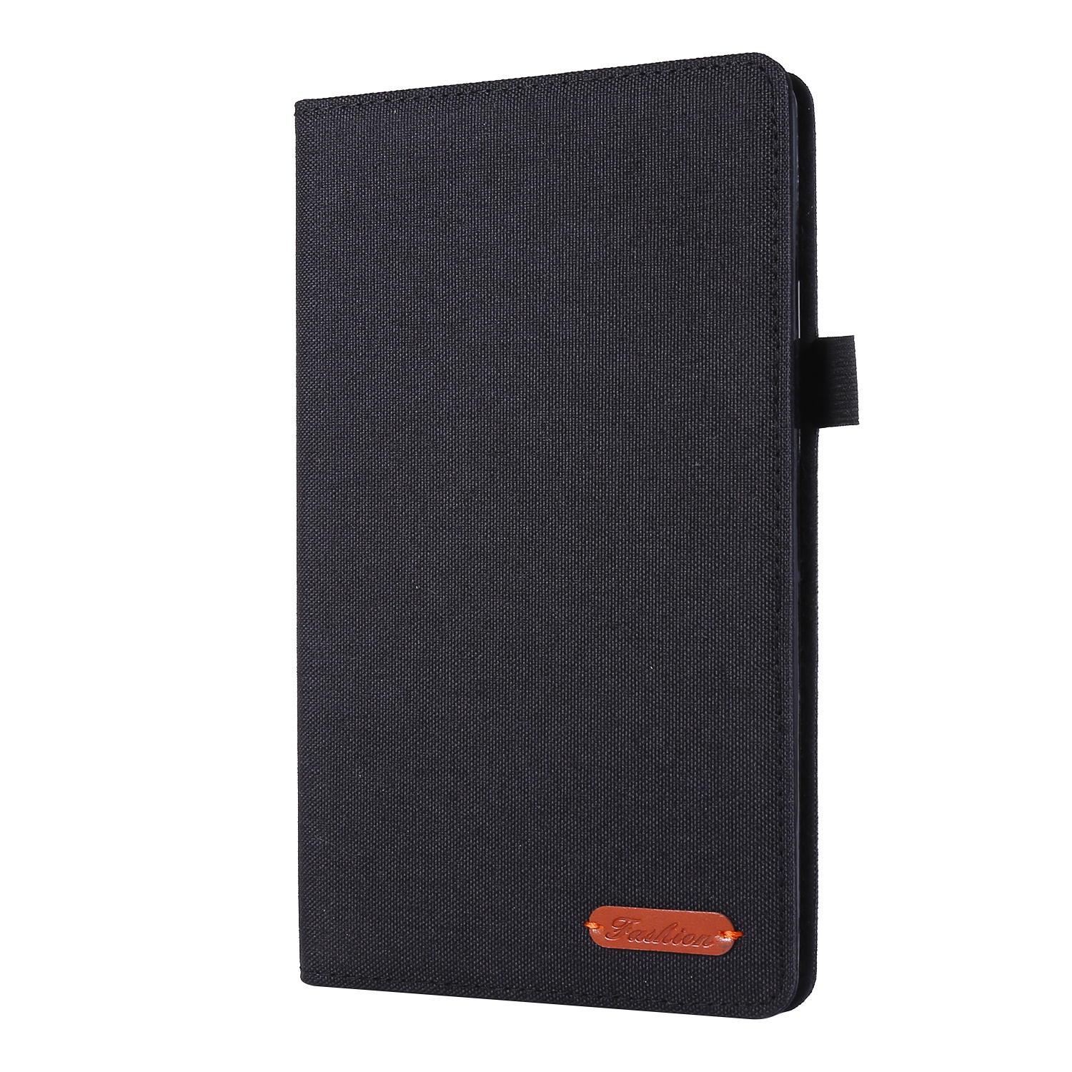 Eine geschlossene schwarze Tablet-Hülle mit Logo und Riemen.