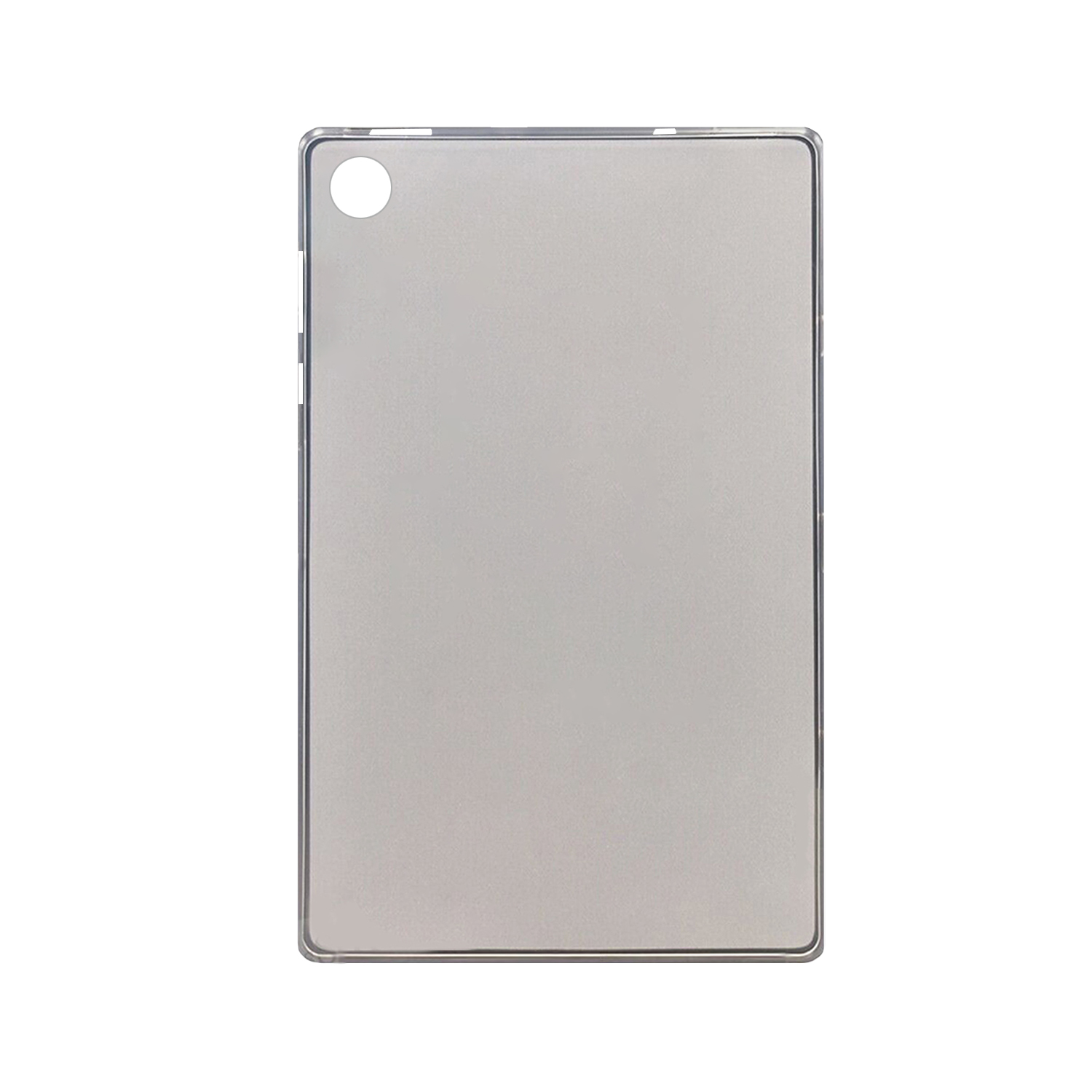 Eine silberne Tablet-Hülle mit Kamera-Loch, vor weißem Hintergrund.