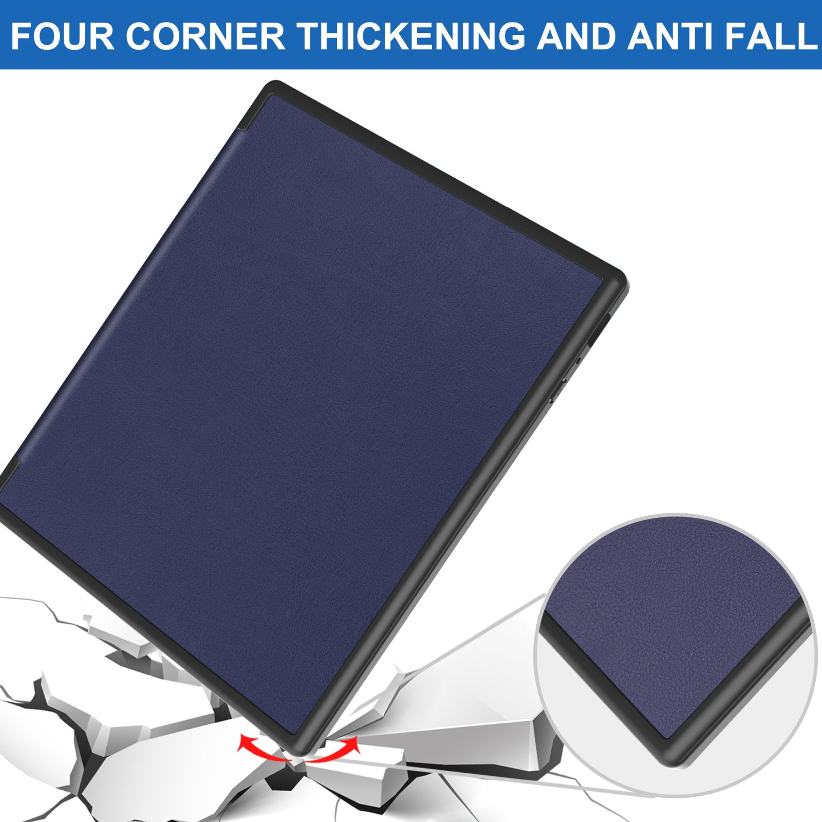 Blaue Tablet-Hülle auf weißer Oberfläche. Die Hülle ist abgewinkelt, mit Nahaufnahme der Ecke für Haltbarkeit.