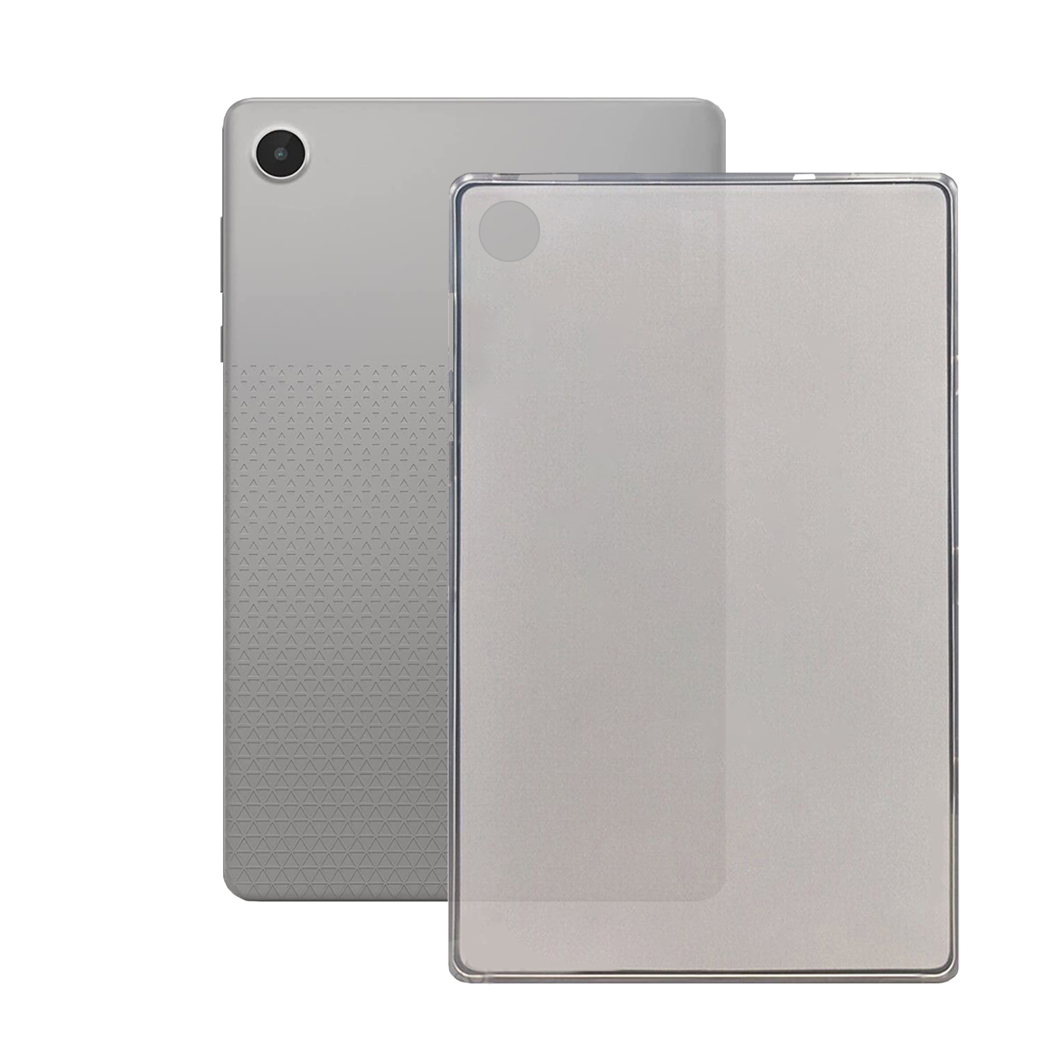 Zwei Tablets, eines mit einer transparenten Hülle und das andere mit gemusterter Rückseite, werden gezeigt.