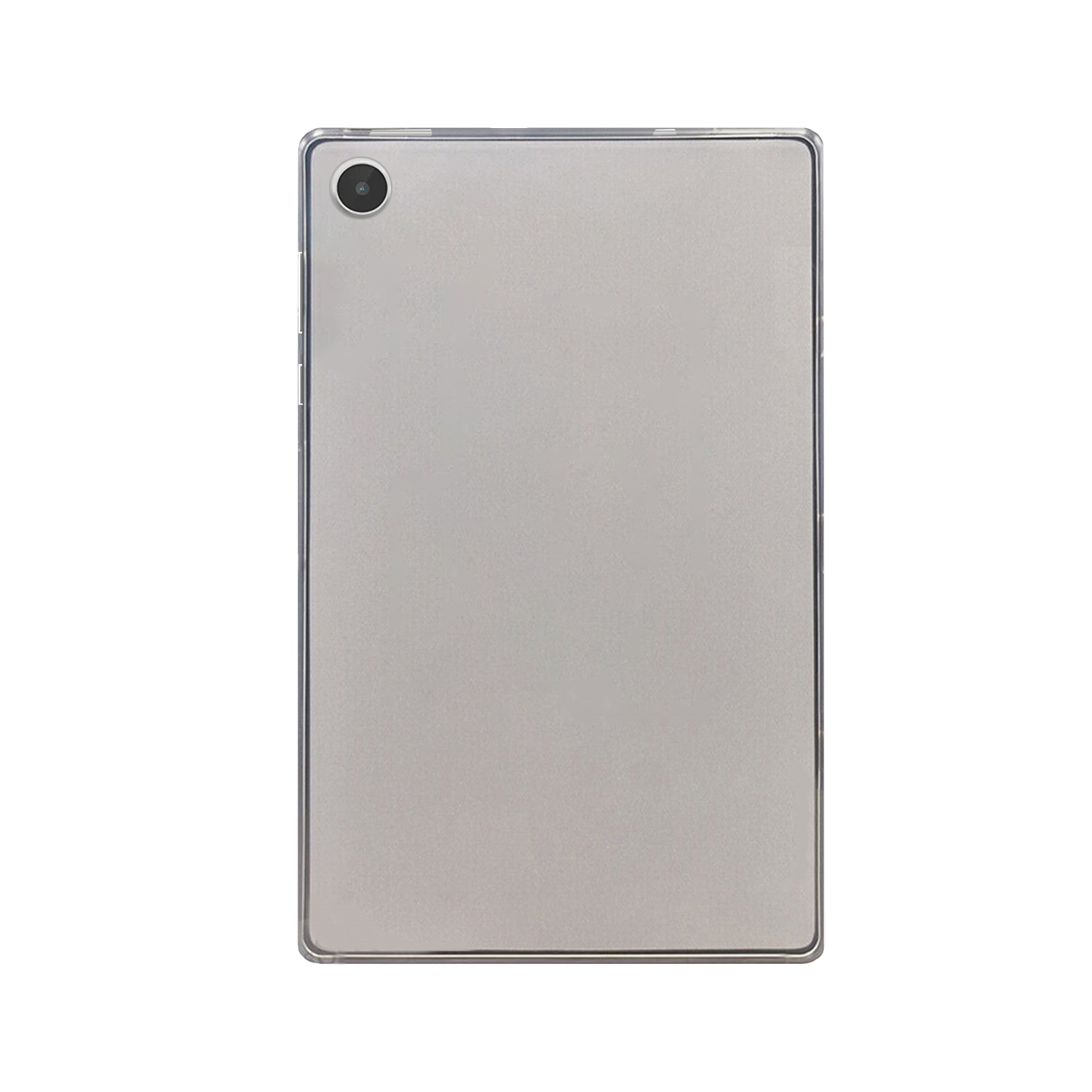 Ein silbernes Tablet von hinten. Die Kameralinse ist in der oberen linken Ecke sichtbar.