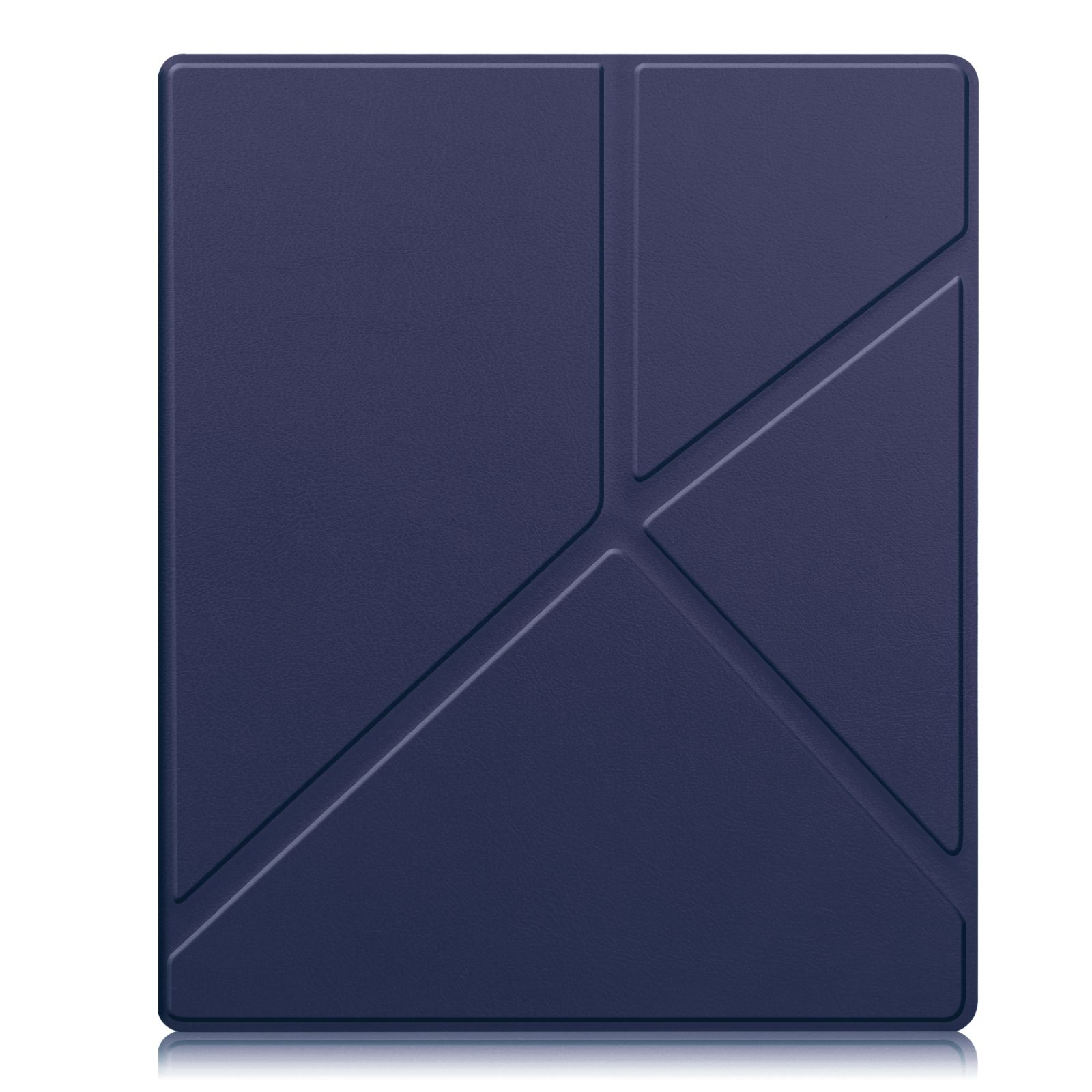 Dunkelblaue Tablethülle in geschlossener Position. Die Hülle hat ein geometrisches Design mit Linien und Winkeln.