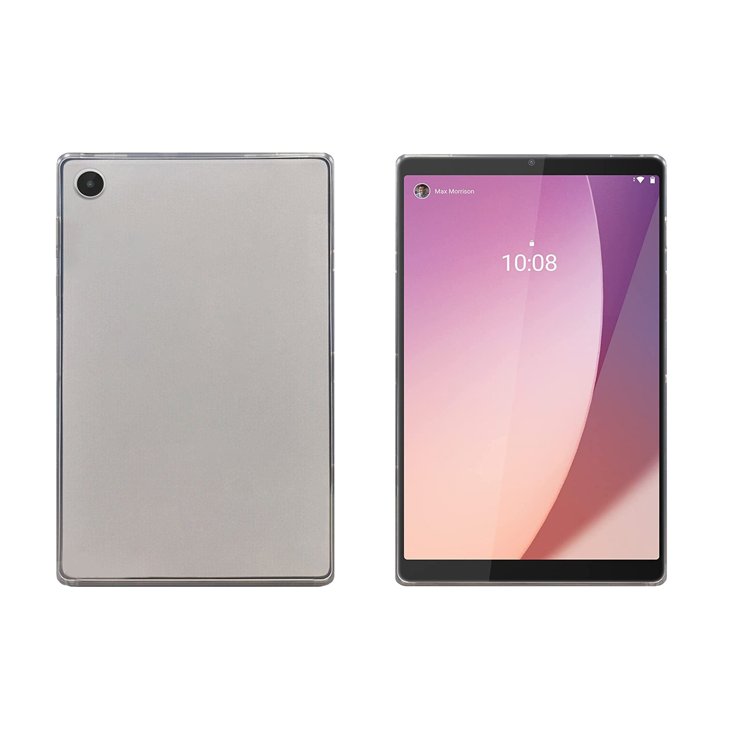 Tablet zeigt Vorder- und Rückseite. Die Vorderseite zeigt Bildschirm mit Zeit und Benutzersymbol.