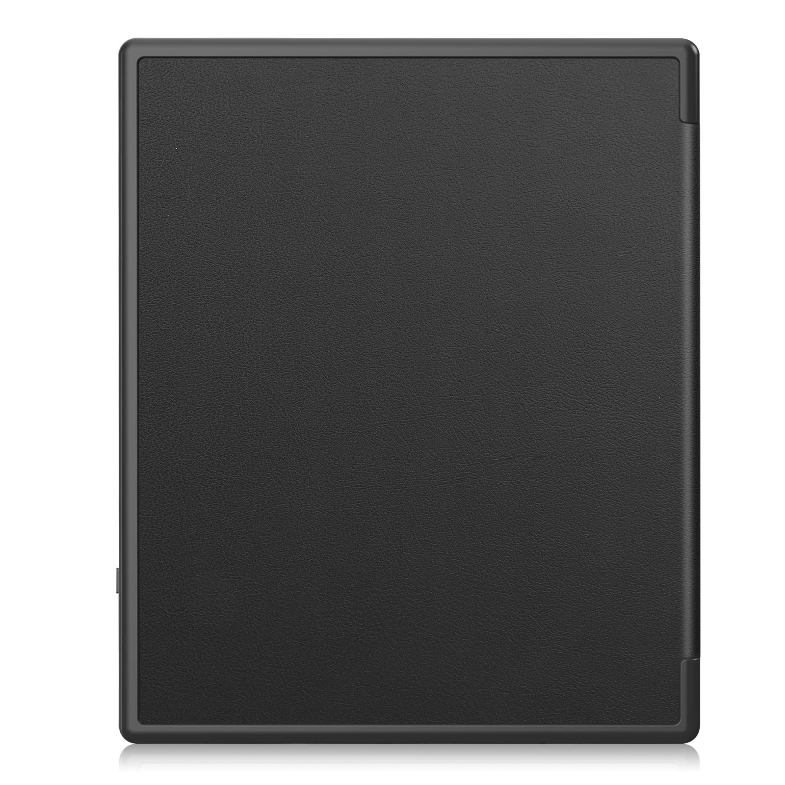 Schwarze Tablethülle, geschlossen, auf weißem Hintergrund. Lederstruktur.