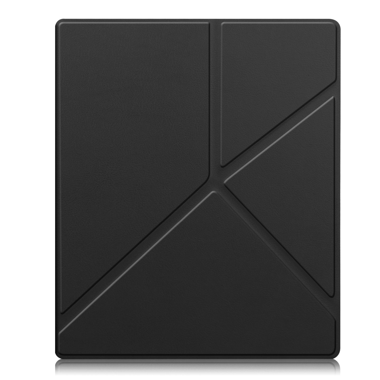 Schwarze Handyhülle mit geometrischem Design. Weißer Hintergrund und geschlossene Form. Das Design hat Linien.