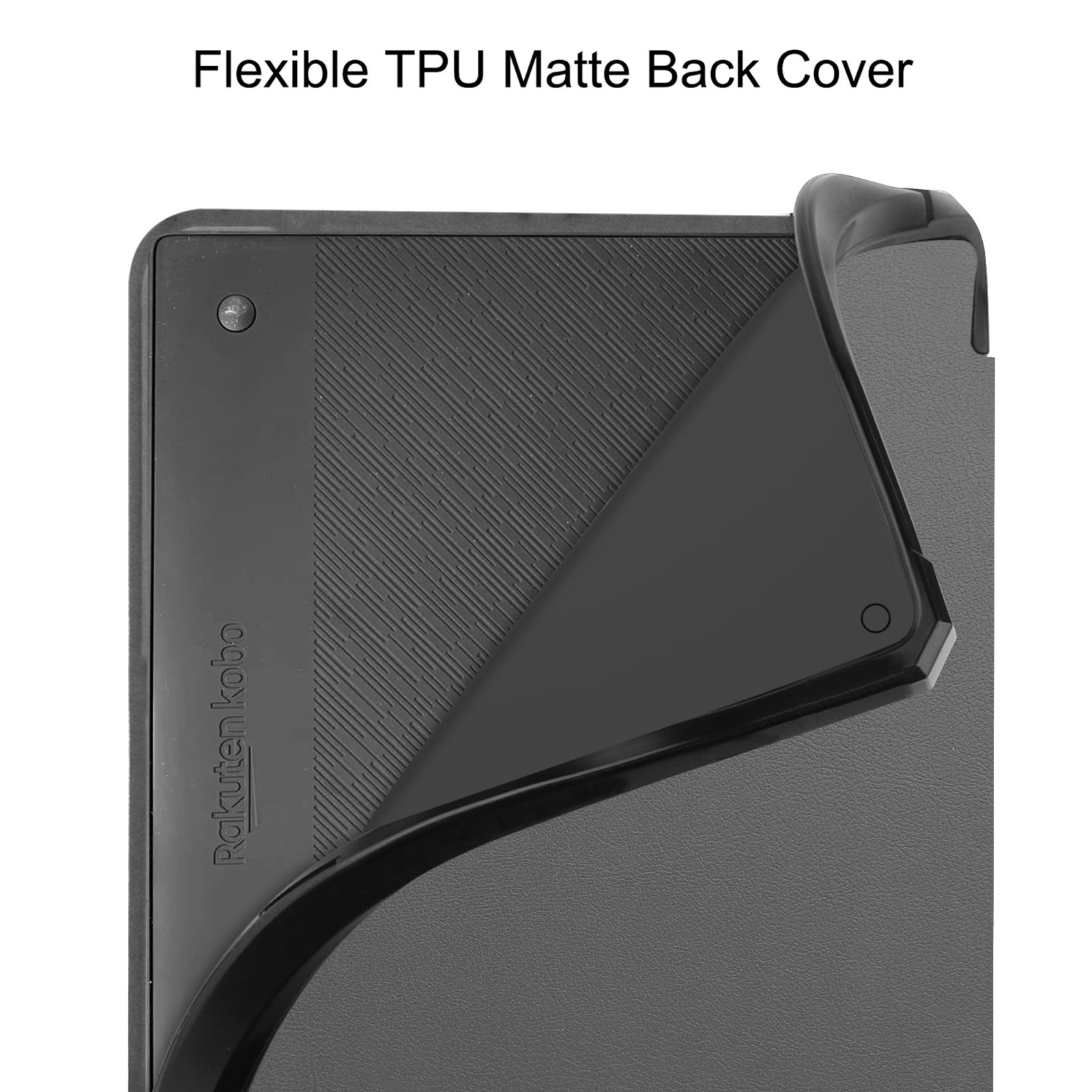 Eine flexible schwarze Rückseite für ein Gerät, teilweise abgezogen, um die Oberfläche zu zeigen.