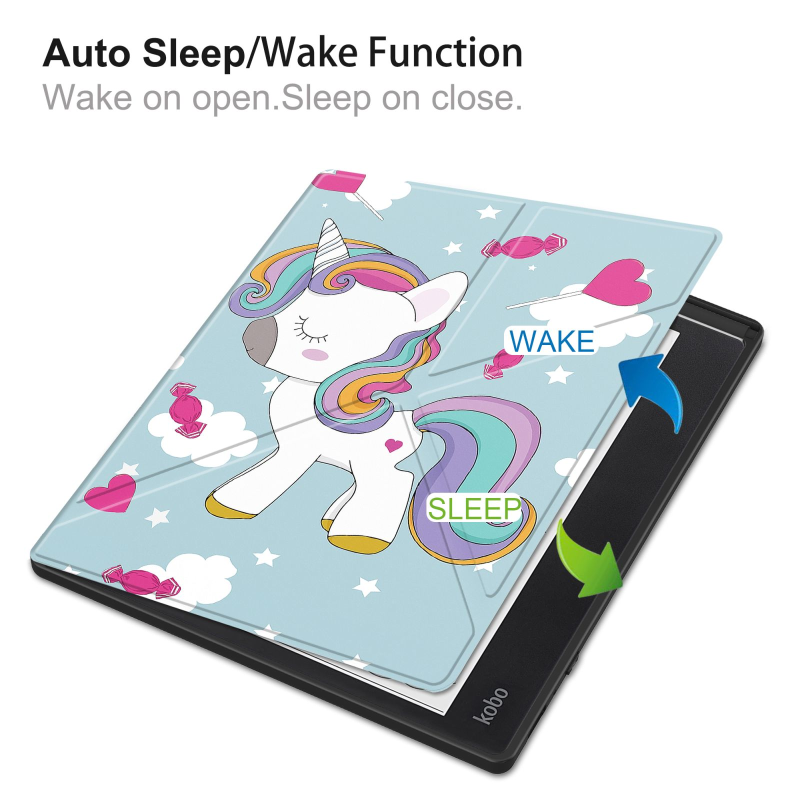 Eine Tablet-Hülle mit Einhorn-Design ist geöffnet und zeigt eine Aufwach- und Schlaf-Funktion.