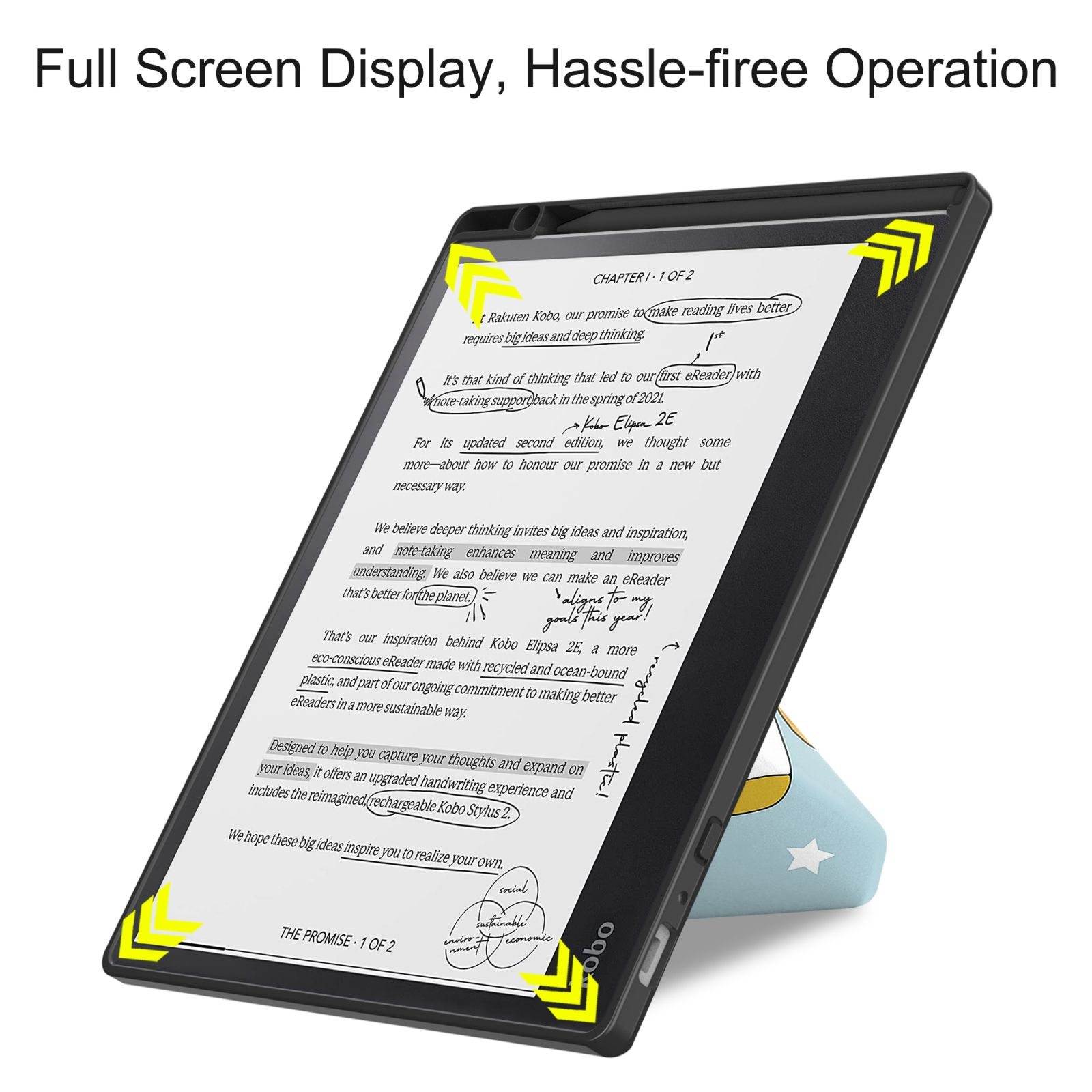 Ein E-Reader, angewinkelt auf einem Ständer, zeigt Text mit gelben Eckindikatoren.