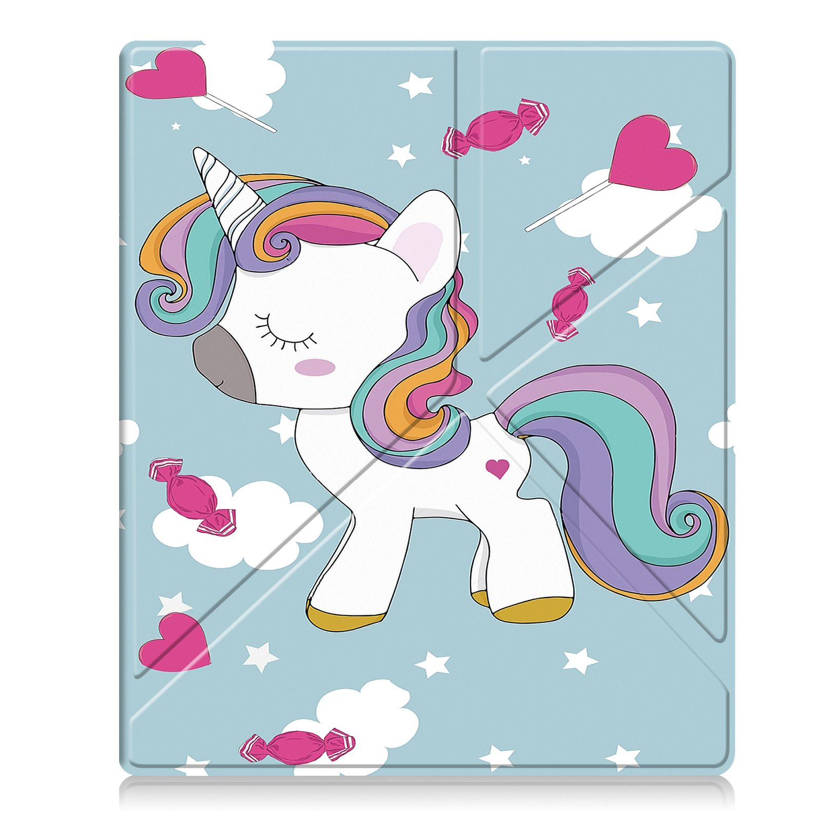 Tablethülle mit Einhorn- und Süßigkeiten-Grafiken auf hellblauem Hintergrund.