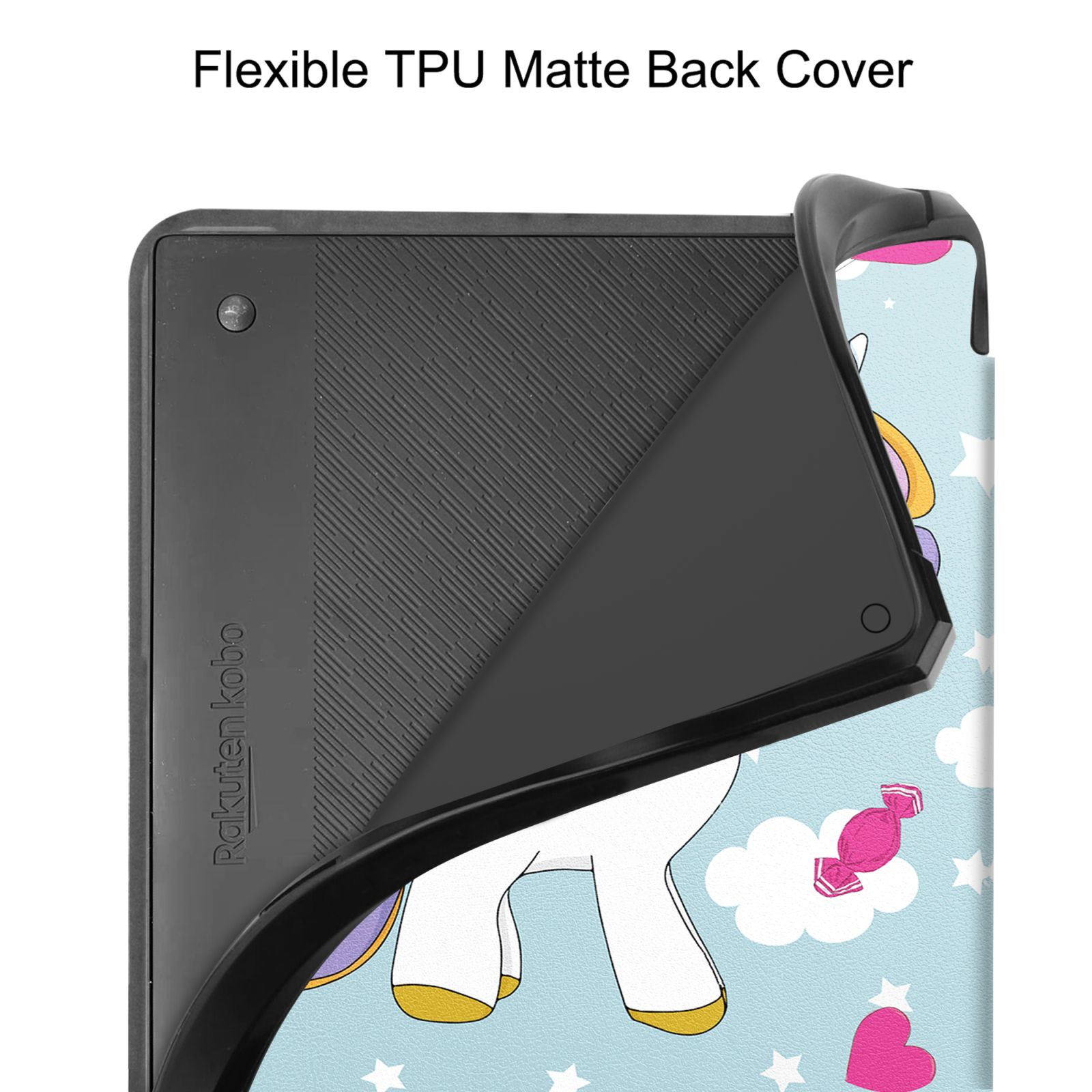 Schwarze Tablethülle mit Einhorn-Design. Die Hülle ist geöffnet und zeigt die Rückseite des Tablets.