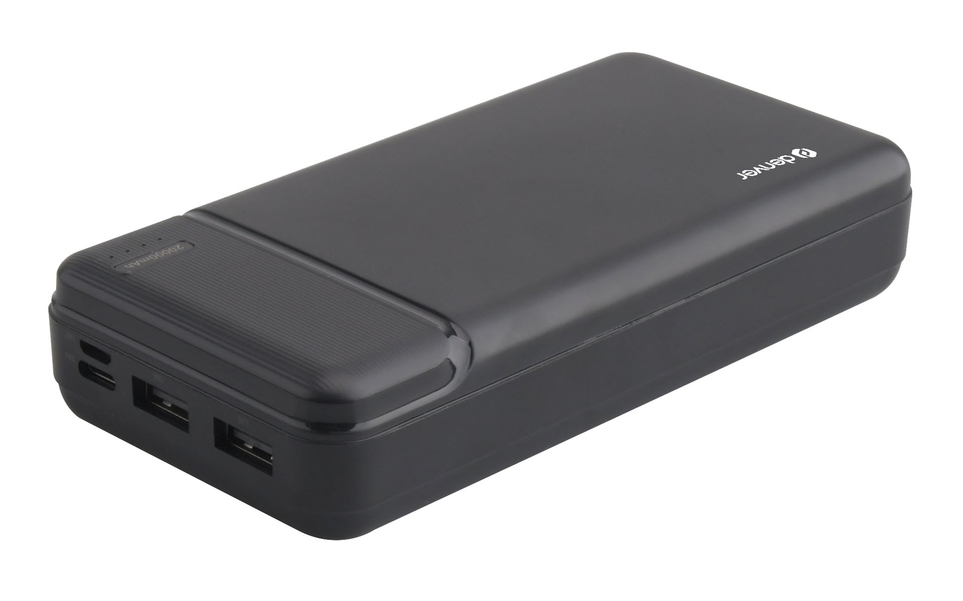 Power bank nera, forma rettangolare, tre porte USB, logo argentato.