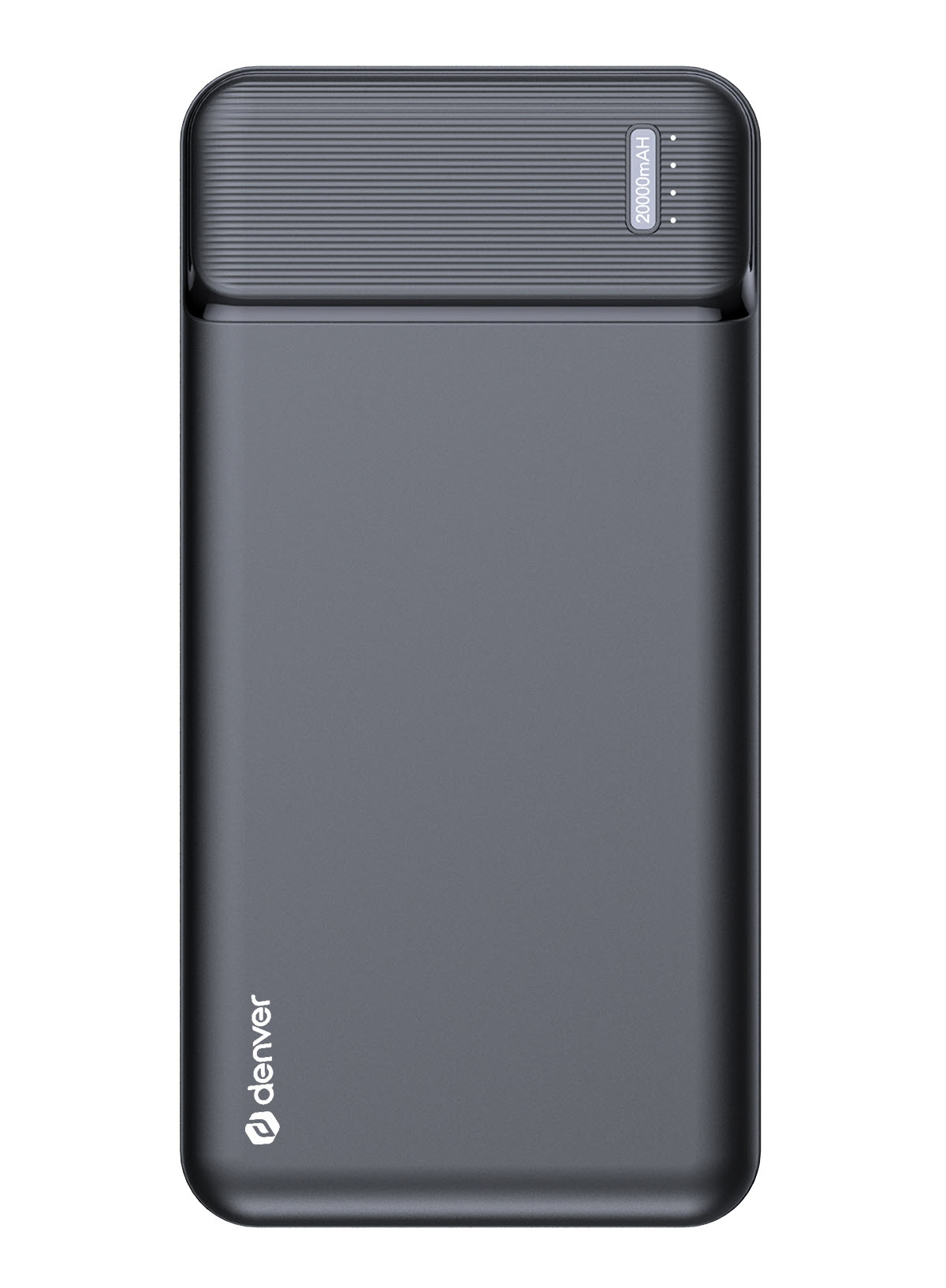 Un power bank grigio scuro con display e il marchio 'denver'.