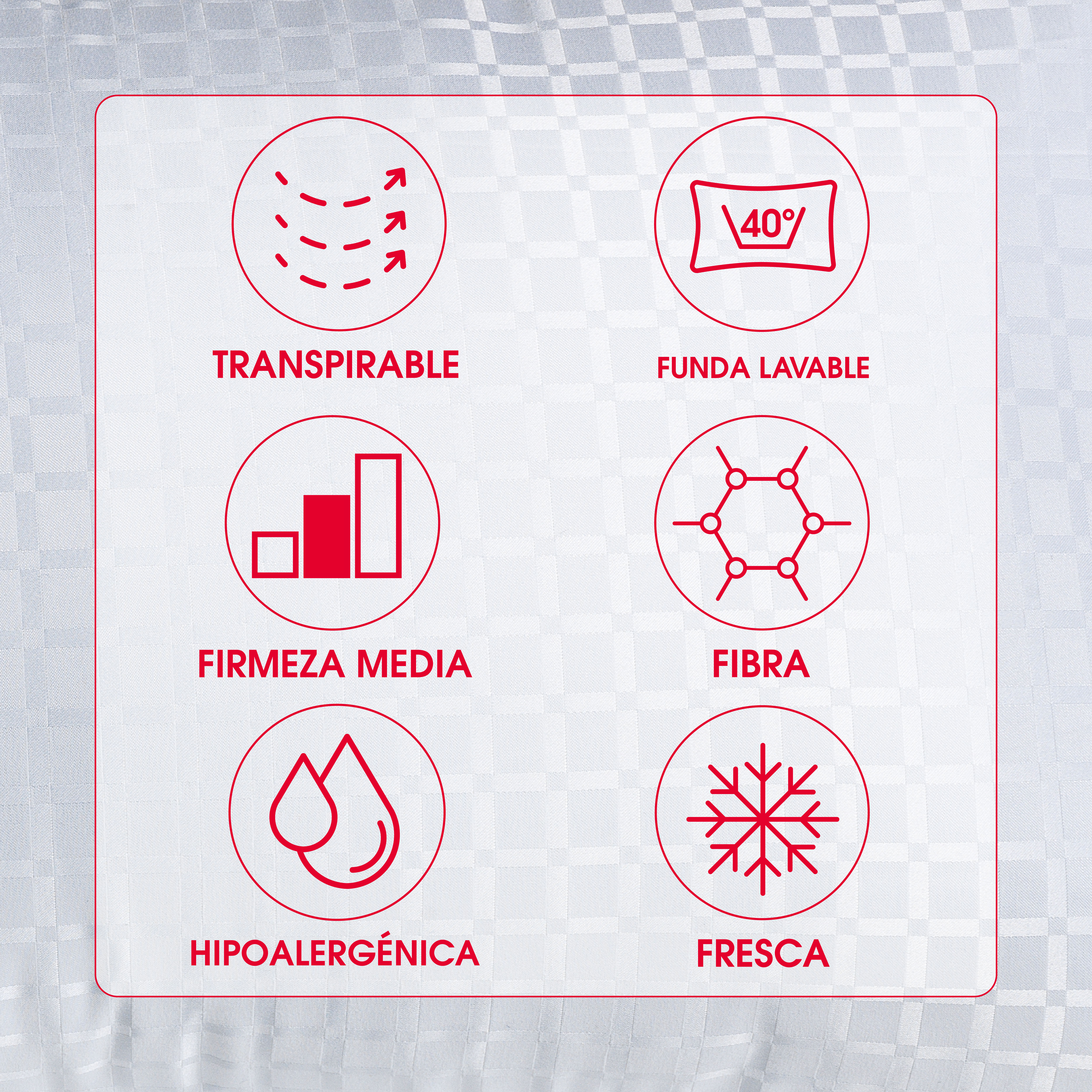 Iconos de características de ropa de cama: transpirable, lavable, firmeza, fibra, hipoalergénico y fresco.