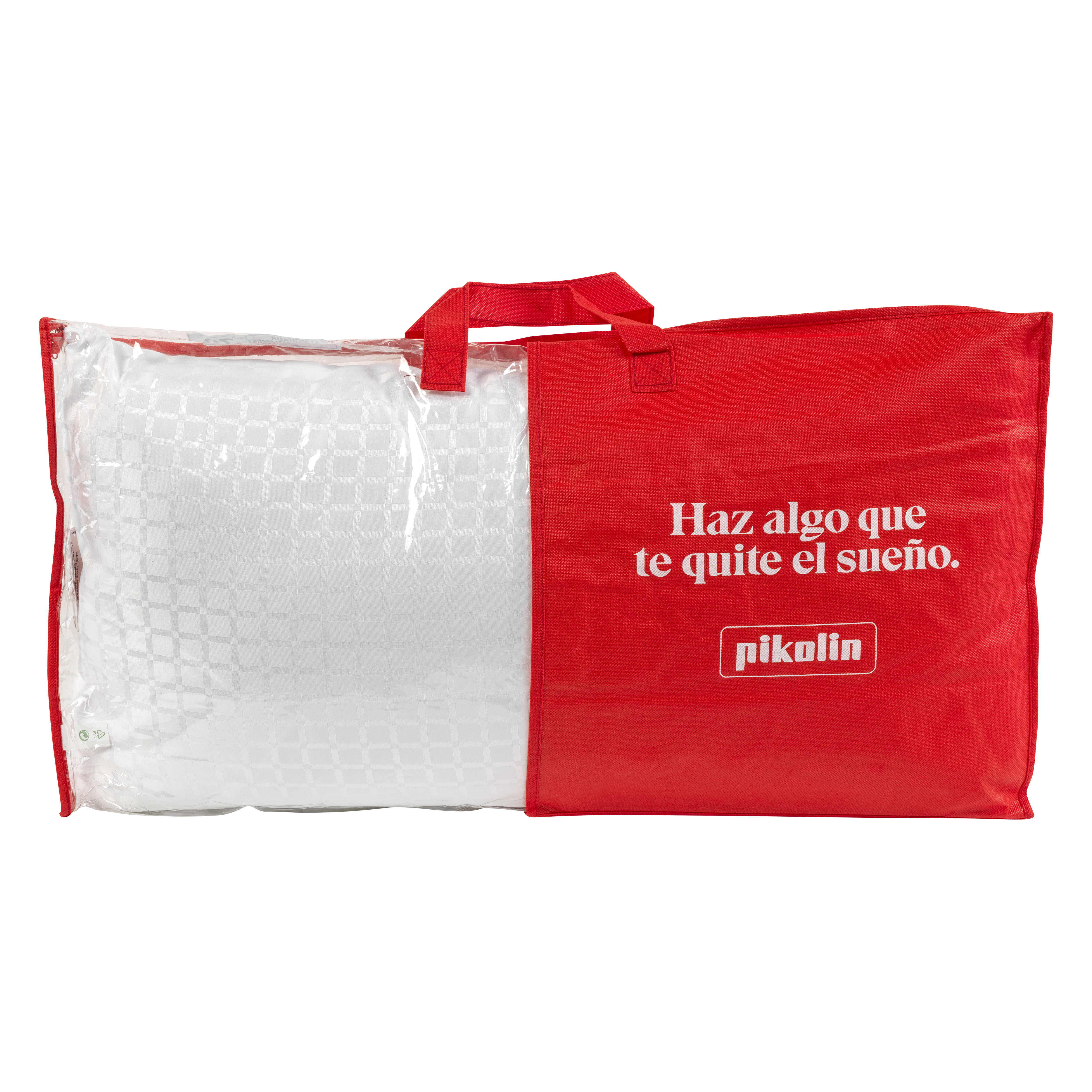 Una bolsa roja con una almohada dentro. El texto en la bolsa dice: "Haz algo que te quite el sueño".