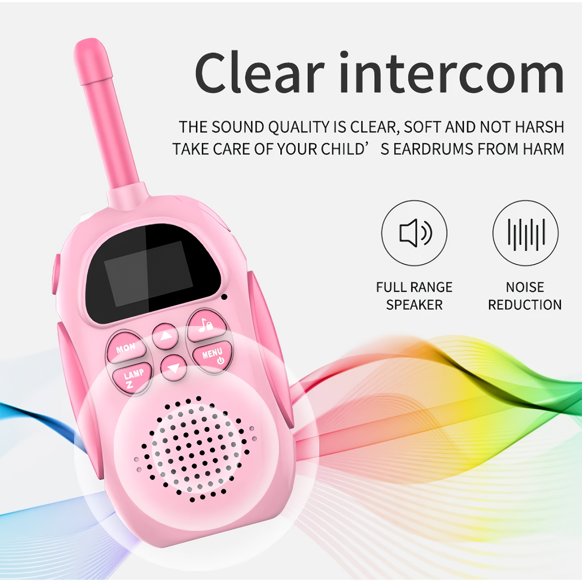 Walkie-talkie rosa con botones y altavoz, con texto sobre intercomunicador claro.