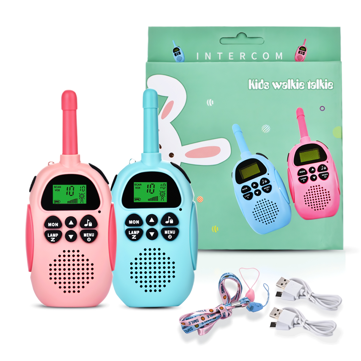 Walkie-talkies rosas y azules, accesorios y embalaje sobre una superficie blanca.
