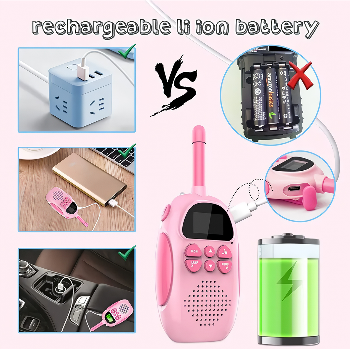 Imagen comparando baterías recargables con no recargables, con un walkie-talkie rosa.