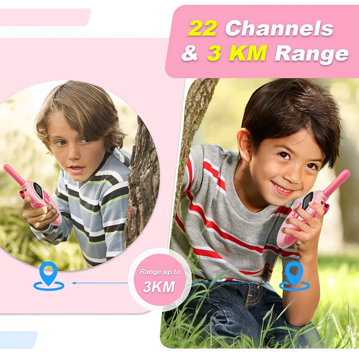 Dos niños con walkie-talkies rosas, texto: "22 Canales & 3 KM Alcance".