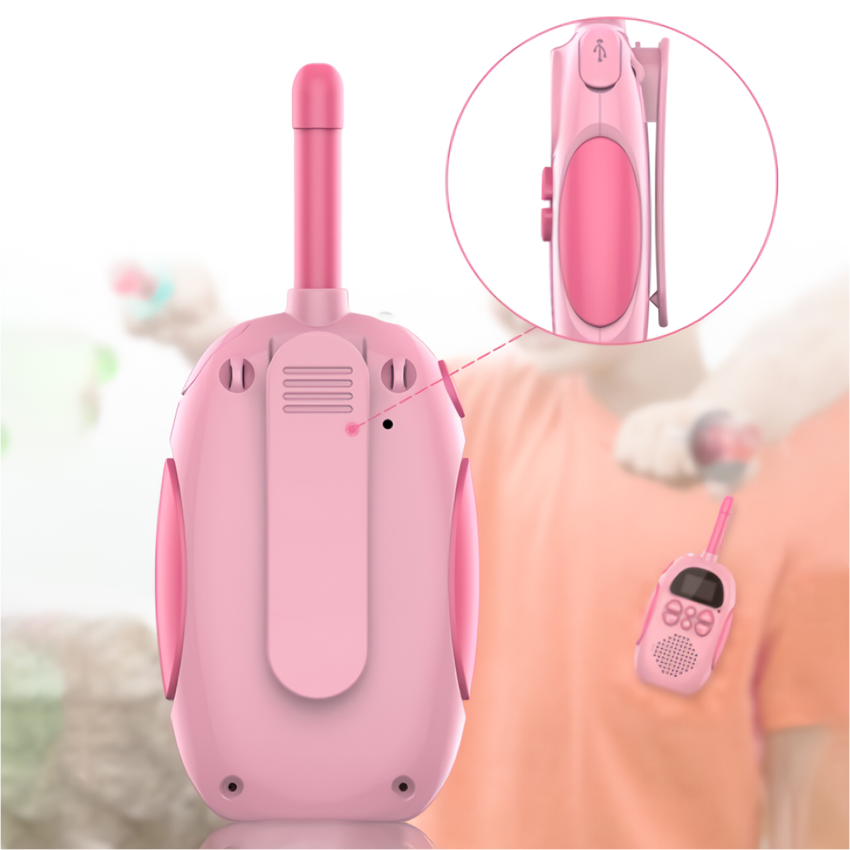 Un walkie-talkie rosa, con un primer plano que muestra detalles y uno más pequeño enganchado a una camisa.